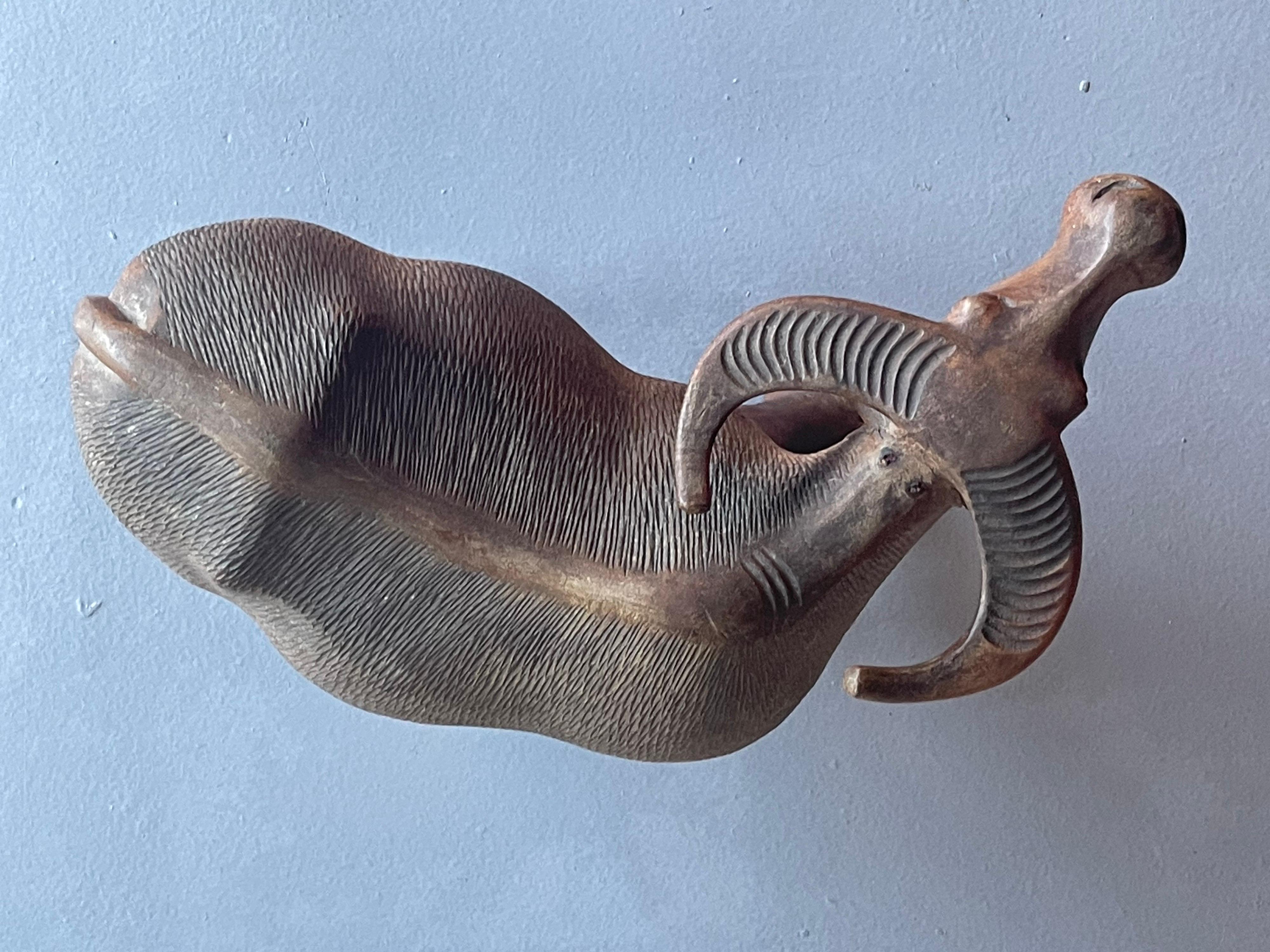 Mid-Century Modern Hand Carved Wooden Water Buffalo Sculpture