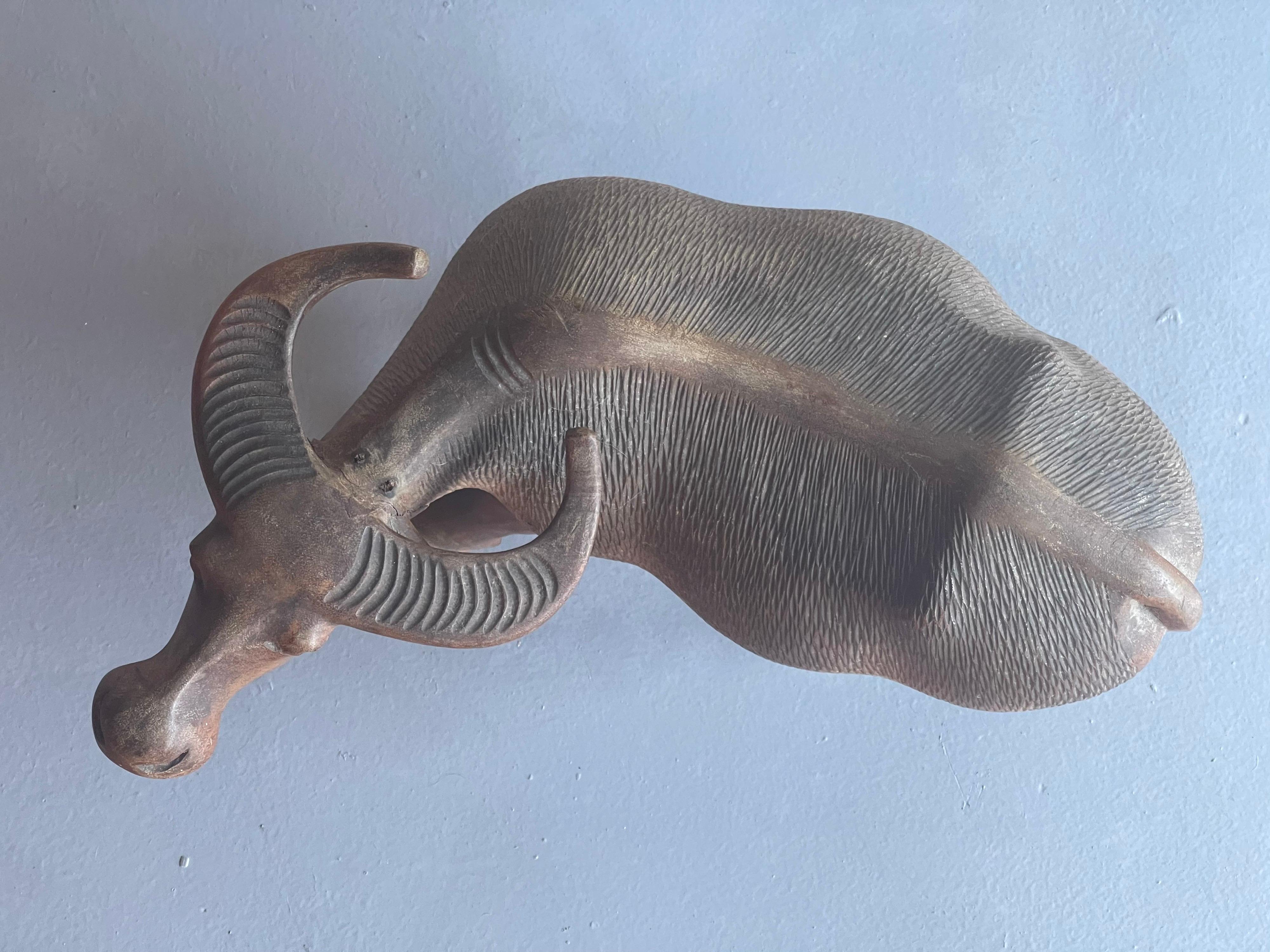 North American Hand Carved Wooden Water Buffalo Sculpture