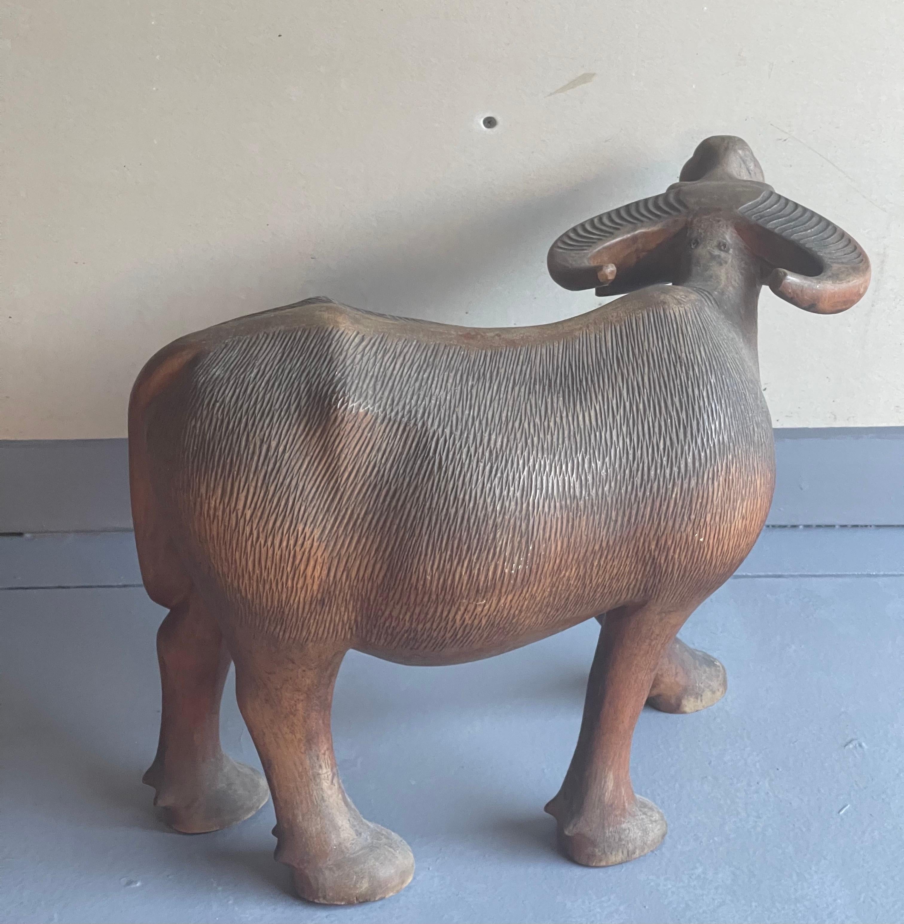 Hand-Carved Hand Carved Wooden Water Buffalo Sculpture