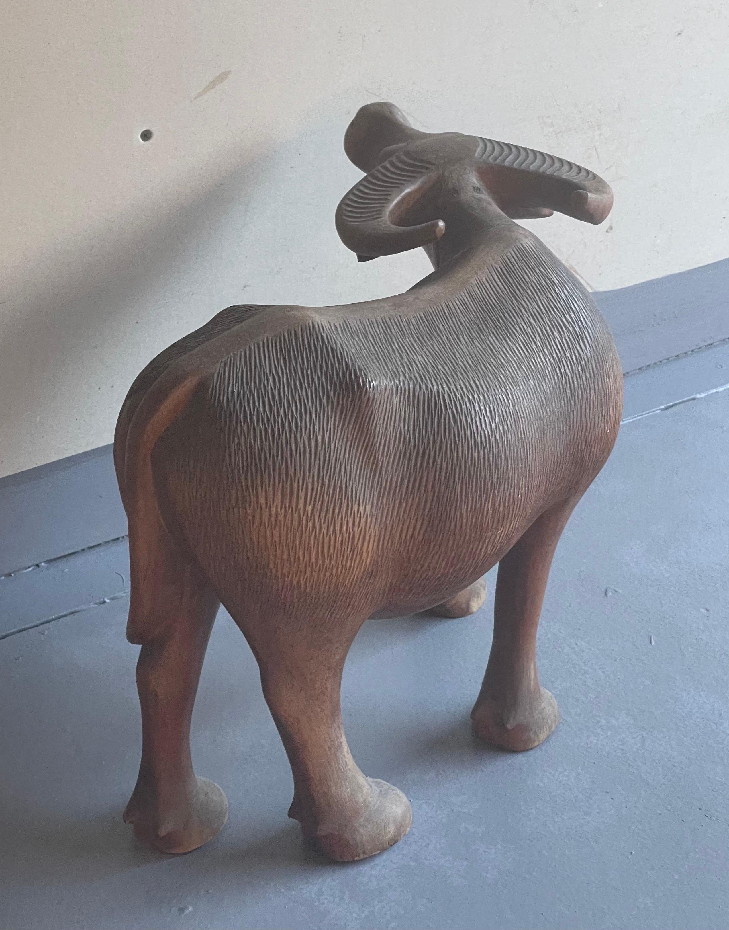 Hand Carved Wooden Water Buffalo Sculpture In Good Condition In San Diego, CA