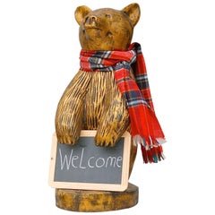 Used Hand-Carved Wooden Welcome Bear Painted Gold, Late 20th Century