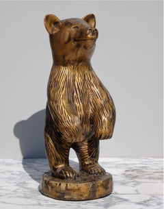 Hand-Carved Wooden Welcome Bear Painted Gold, Late 20th Century