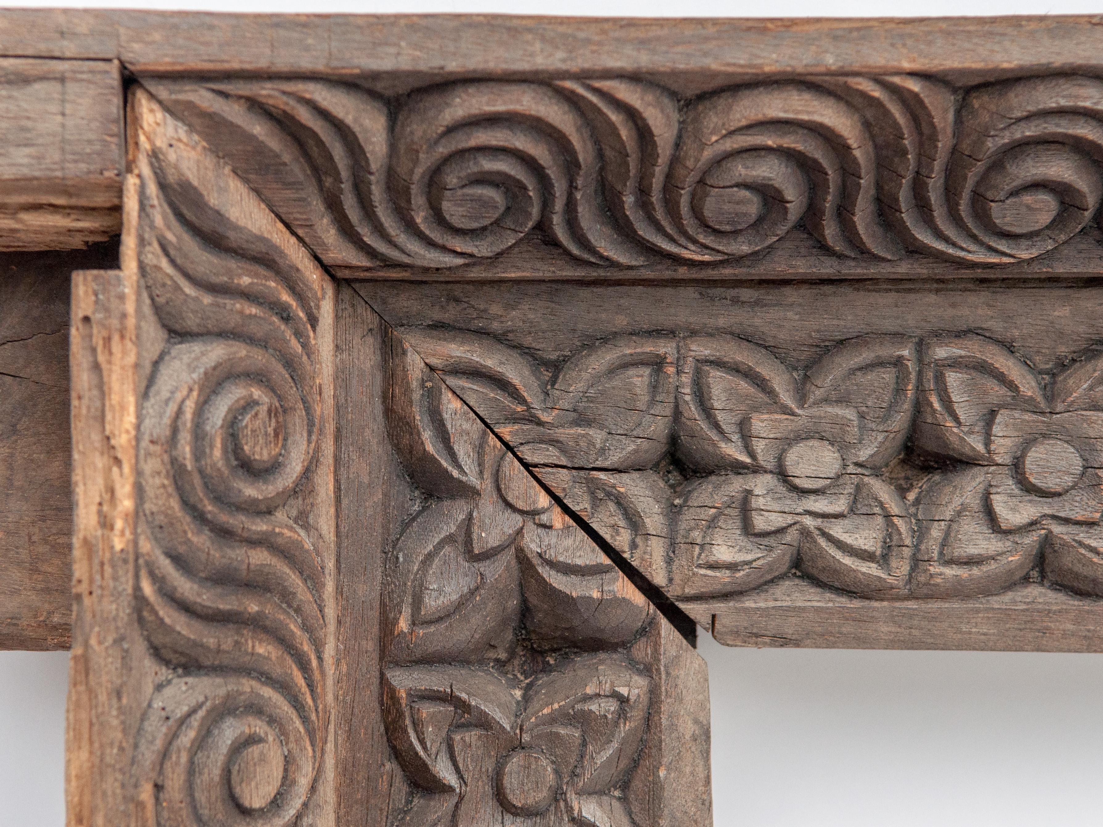 Nepalese Hand Carved Wooden Window or Mirror Frame, Late 19th Century, Nepal