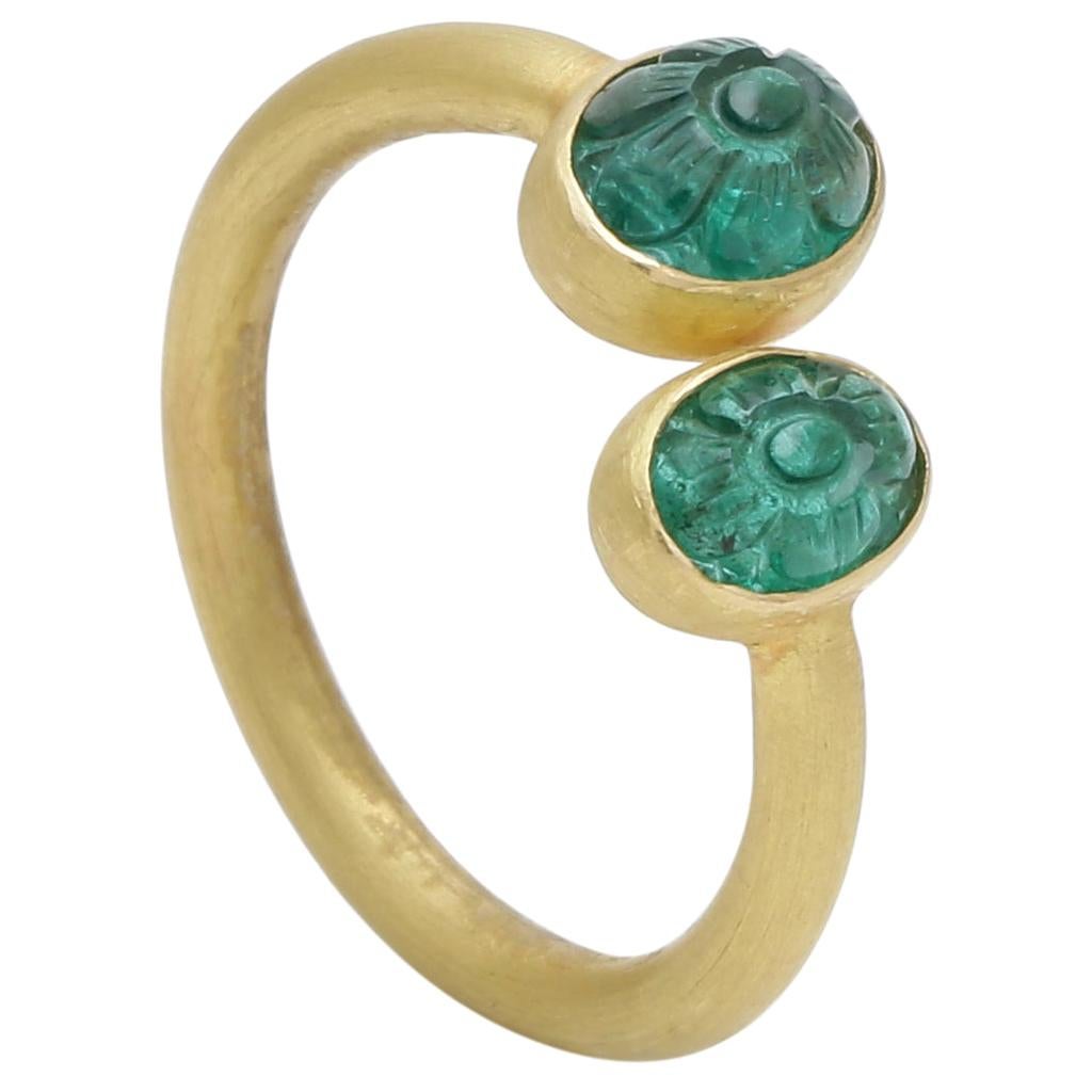 Hand Carved Zambian Cabochons 2-Stone Ring Handcrafted in 22 Karat Matte Gold