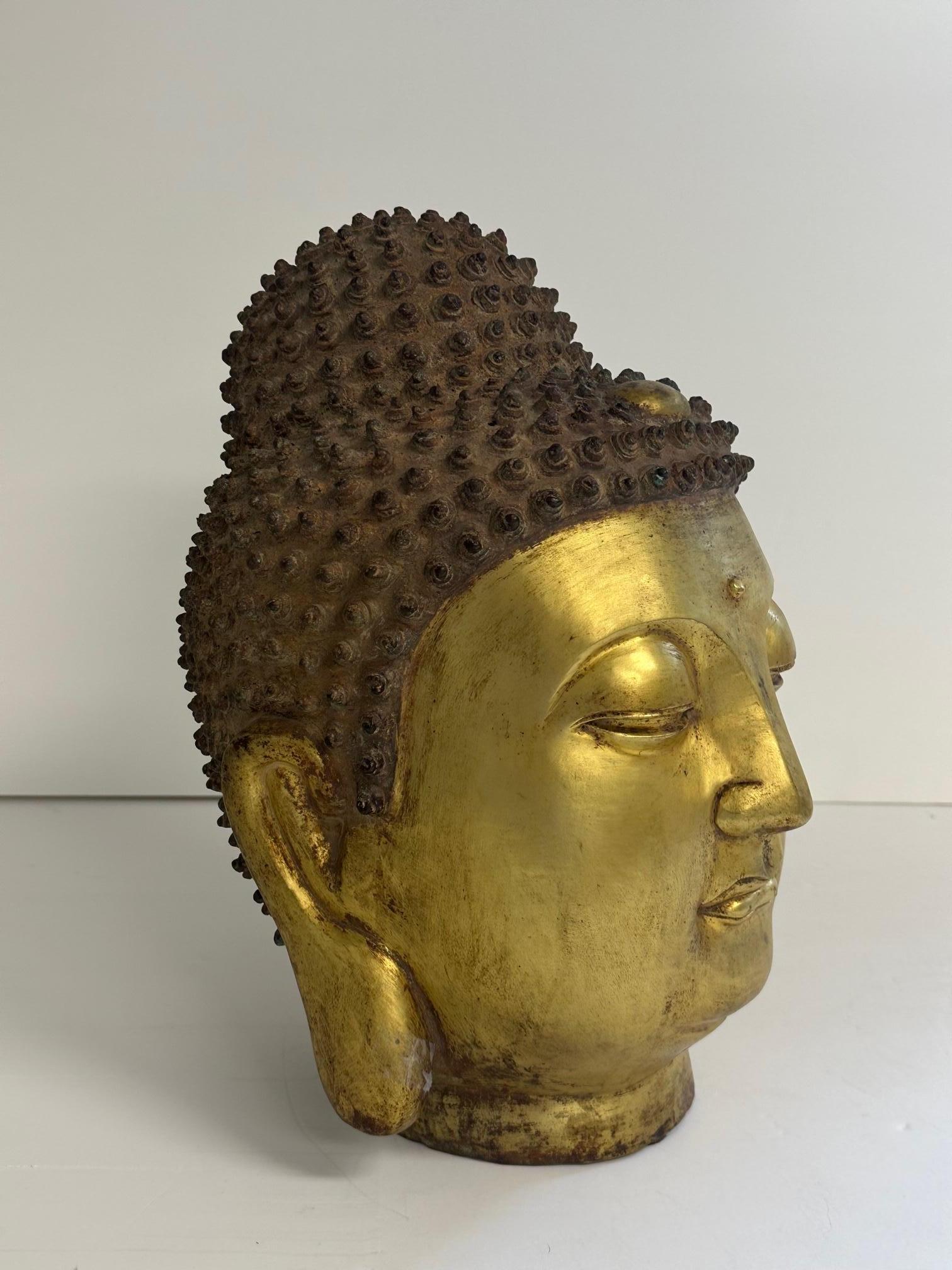 Mid-20th Century Hand Cast Brass Thai Buddha Head Sculpture For Sale