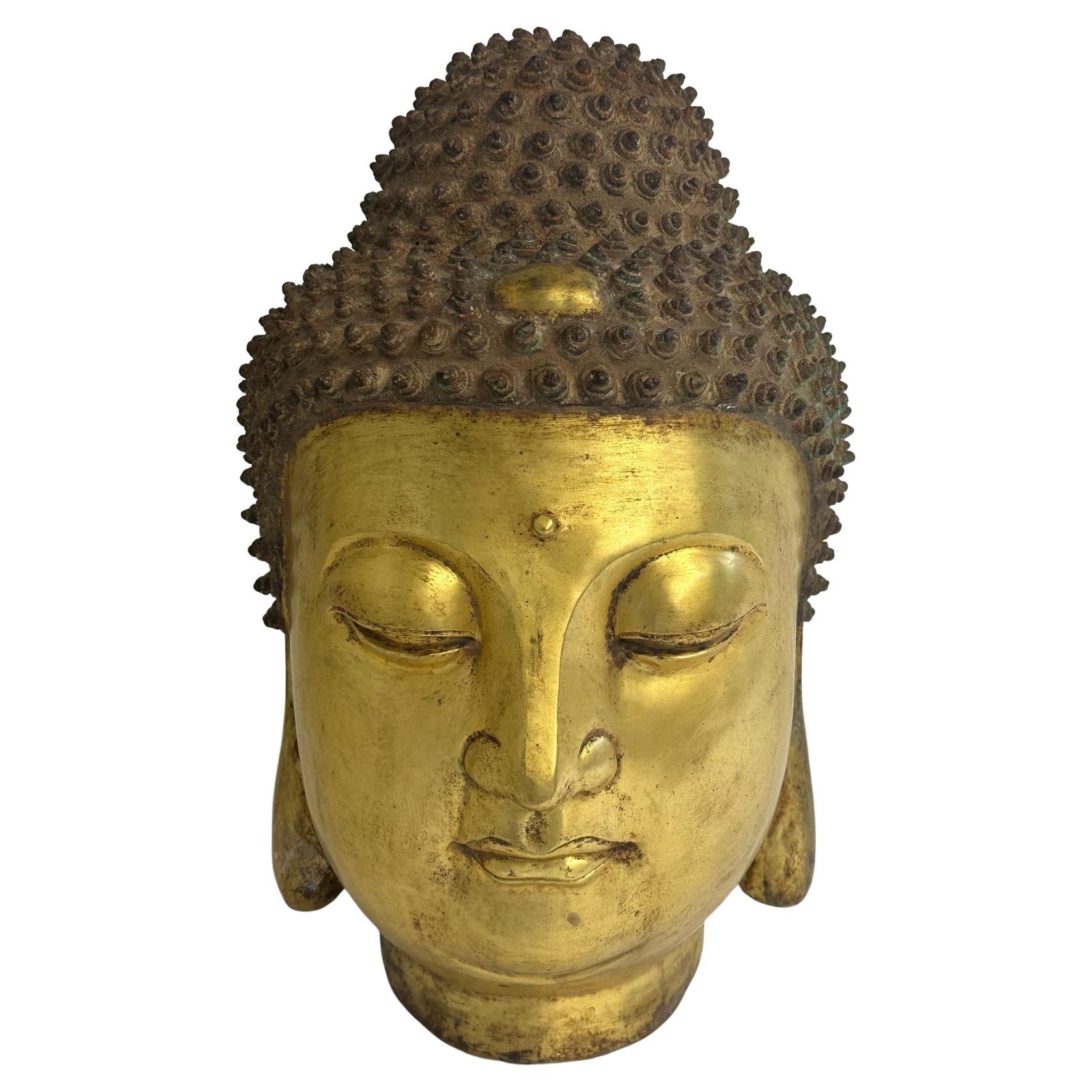 Hand Cast Brass Thai Buddha Head Sculpture For Sale