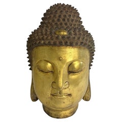 Antique Hand Cast Brass Thai Buddha Head Sculpture