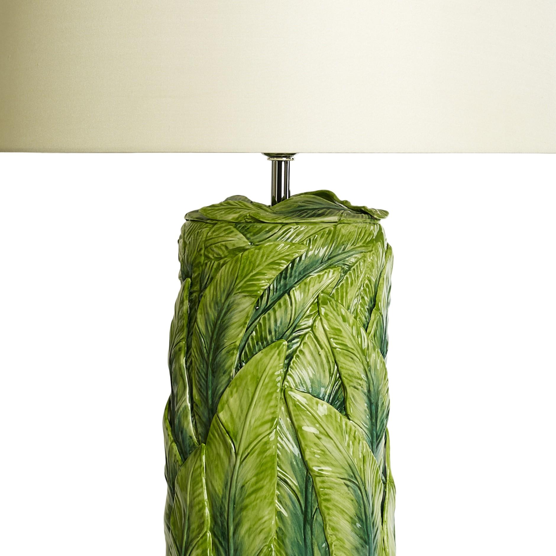 Handgegossene Dschungelblatt-Tischlampe aus Keramik in handbemalter grüner Glasur im Angebot 4