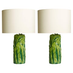 Hand cast ceramic Jungle Leaf Table lamp in hand painted green glaze