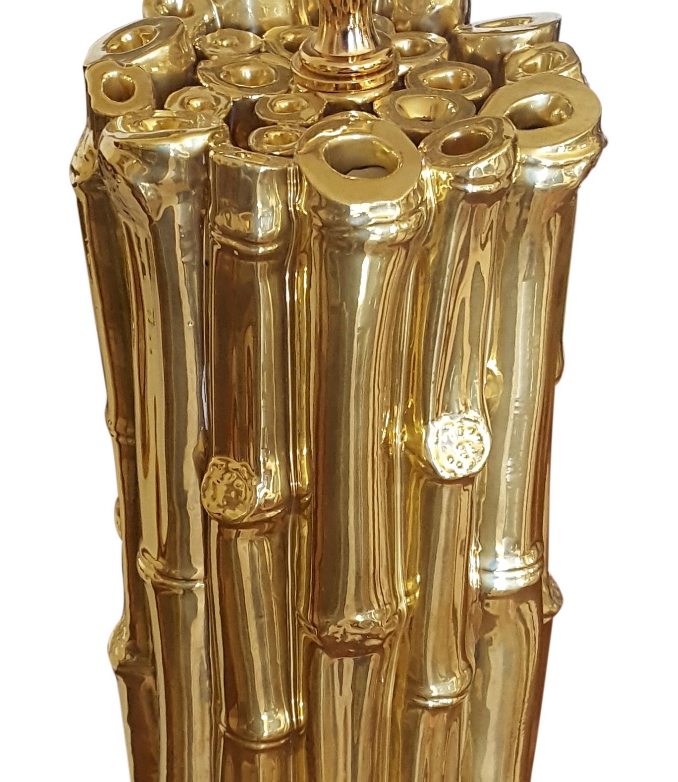 Handgegossene, hohe Keramik-Tischlampe aus Bambus in Zylinderform mit 24 Karat fließender Goldglasur im Angebot 2