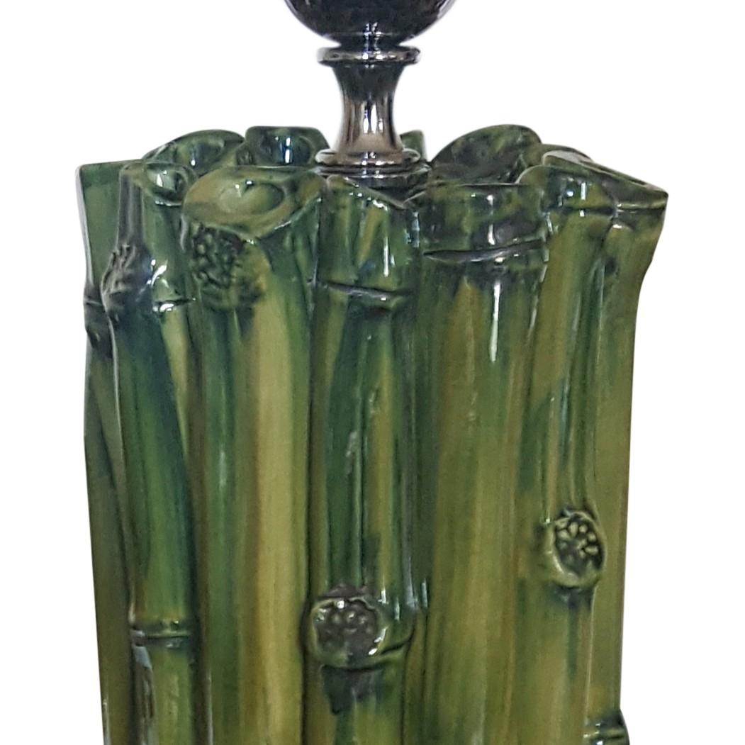 Lampada da tavolo Bamboo a cilindro alto in ceramica fusa a mano con smalto verde dipinto a mano in vendita 6