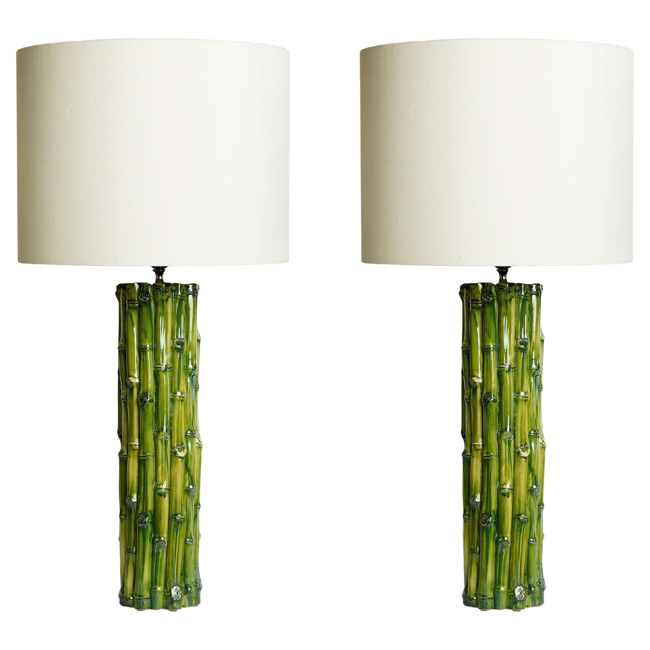 Hand cast ceramic tall cylinder Bamboo Table Lamp in hand painted green glaze