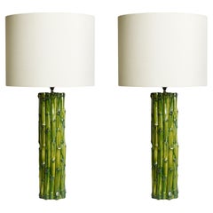 Hand cast ceramic tall cylinder Bamboo Table Lamp in hand painted green glaze