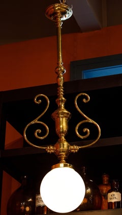 Hand-Cast Spanish Brass Long Pendant with Antique White Milk Glass Ball