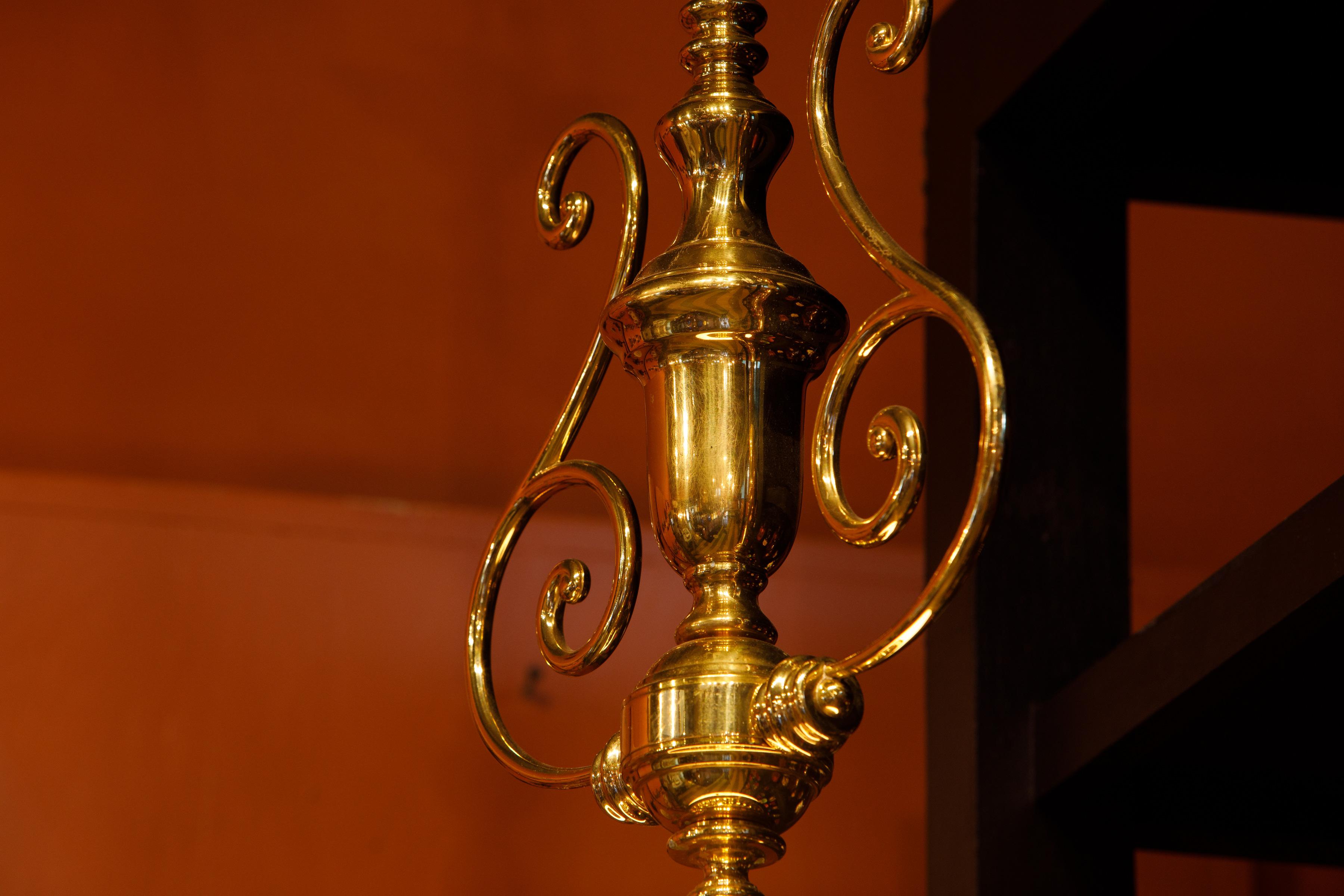Hand-Cast Spanish Brass Long Pendant with Antique White Milk Glass Ball In Excellent Condition For Sale In Houston, TX