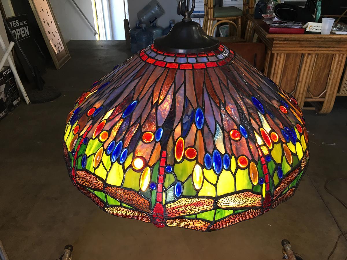Hand Cast Stained Glass Hanging Dragonfly Chandelier In Excellent Condition In Van Nuys, CA