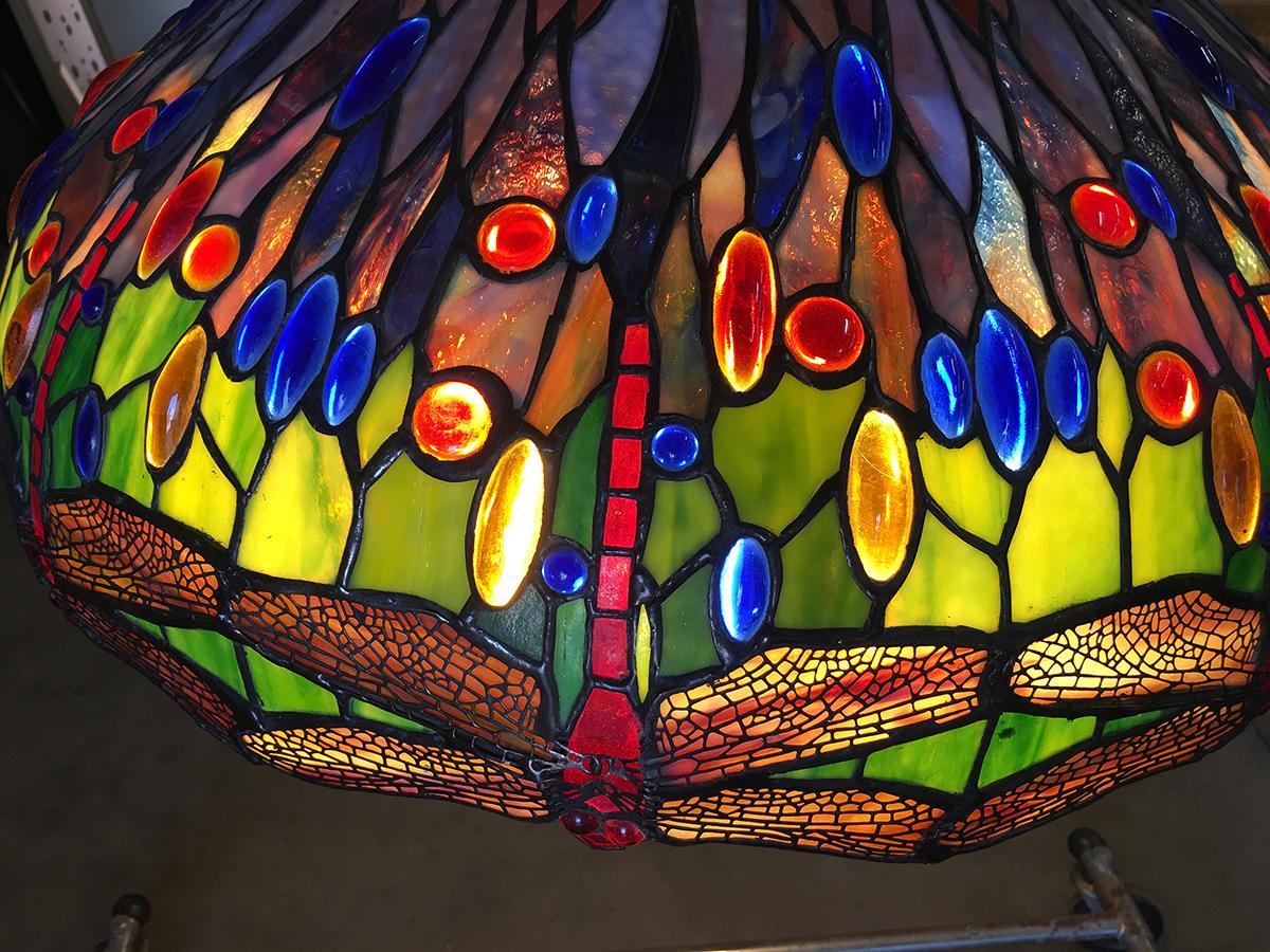 Contemporary Hand Cast Stained Glass Hanging Dragonfly Chandelier