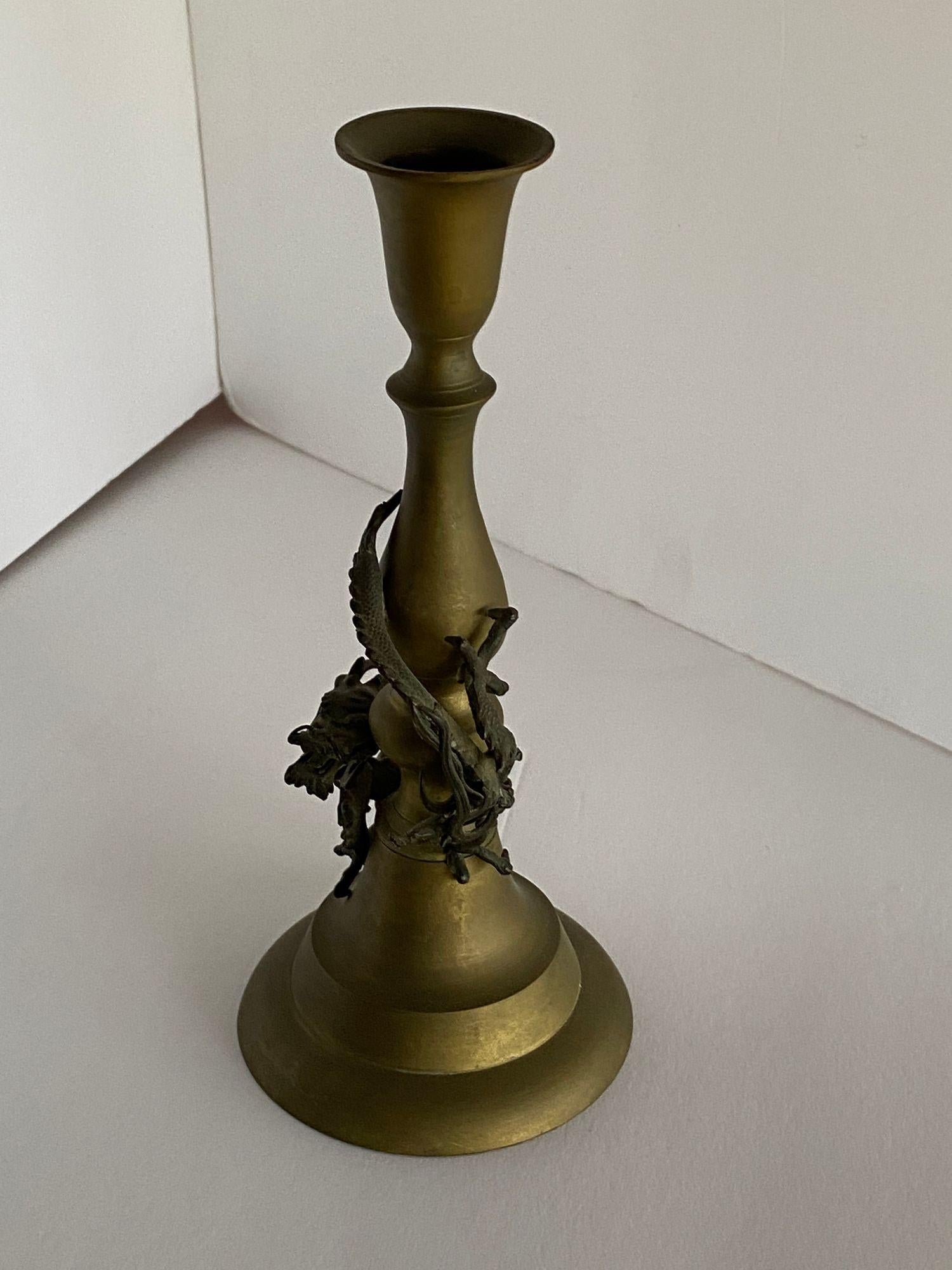 Hand Casted Brass Candlestick Holder w/ Chinese Dragon, Circa 1920 In Excellent Condition In Van Nuys, CA