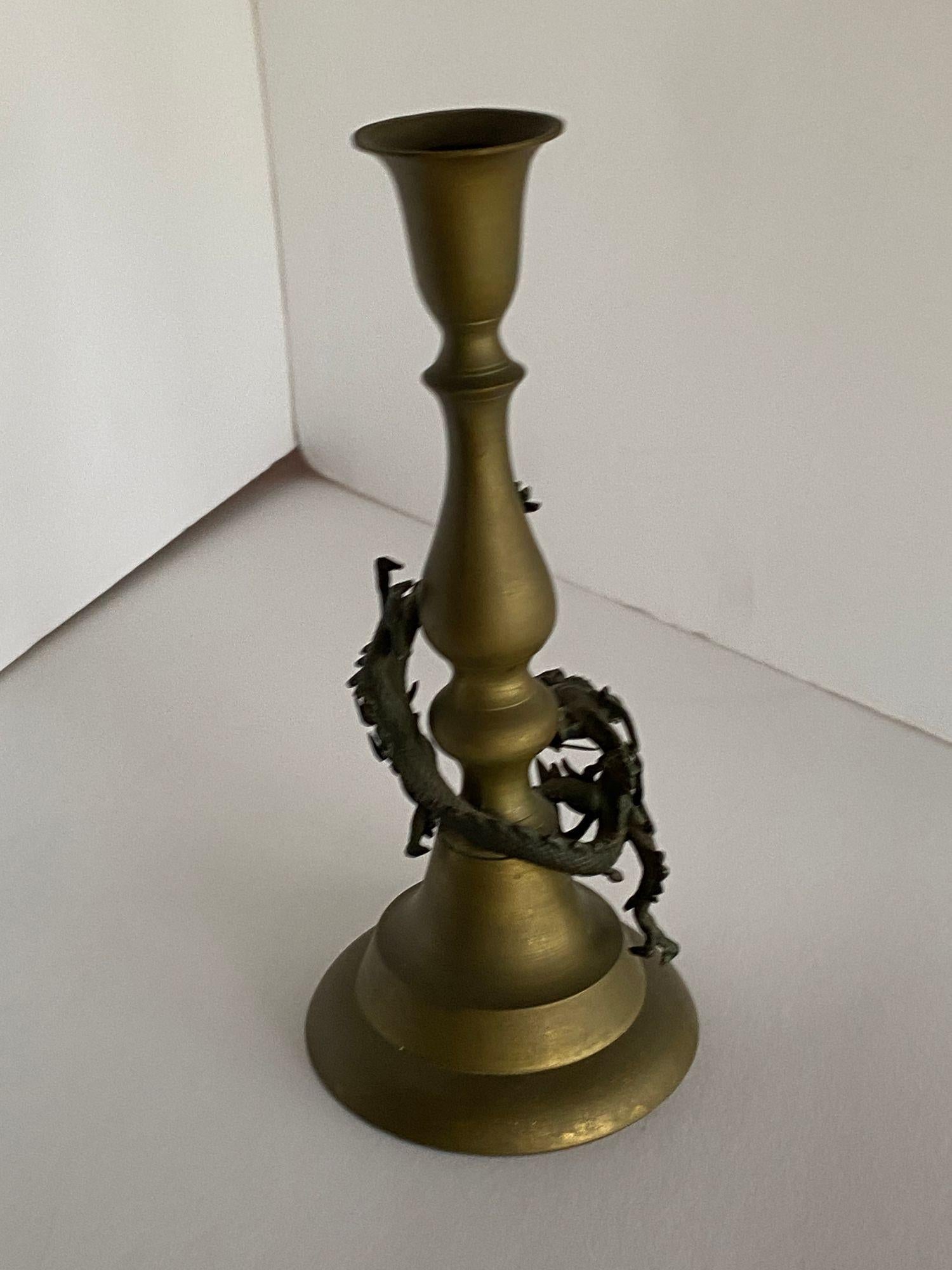 Early 20th Century Hand Casted Brass Candlestick Holder w/ Chinese Dragon, Circa 1920