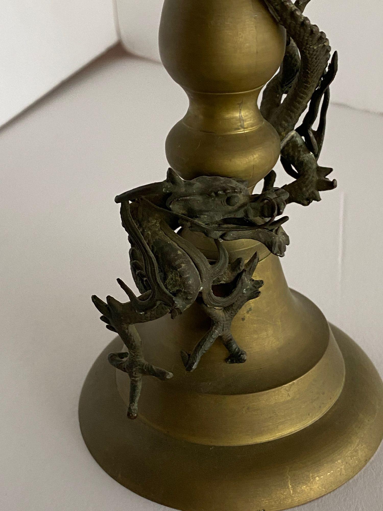 Hand Casted Brass Candlestick Holder w/ Chinese Dragon, Circa 1920 2