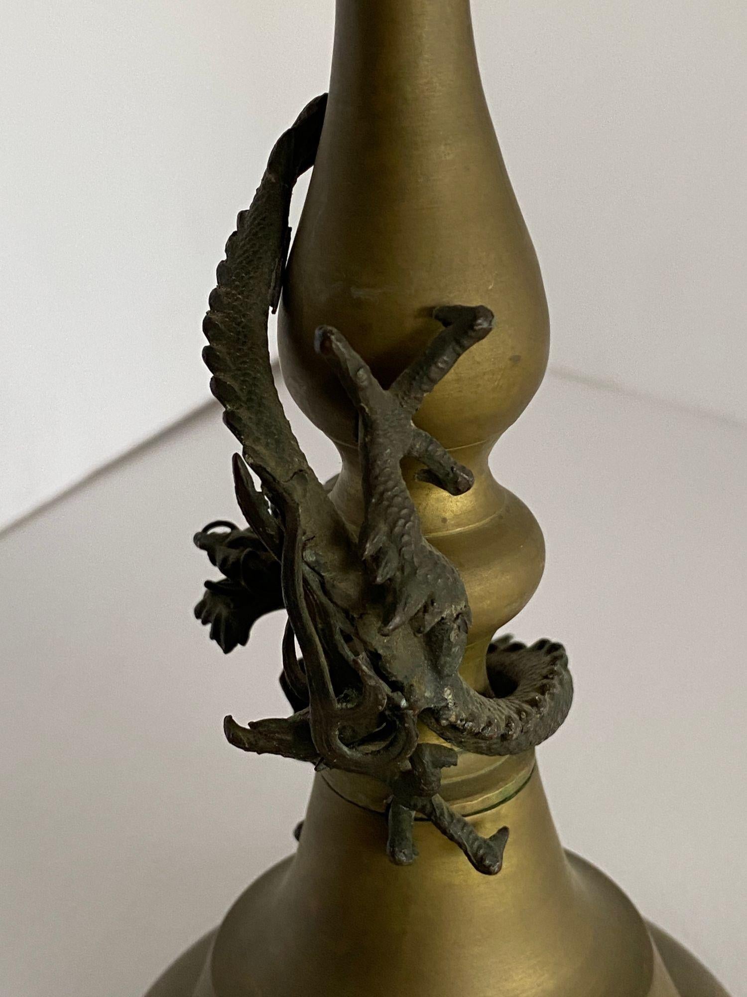 Hand Casted Brass Candlestick Holder w/ Chinese Dragon, Circa 1920 3