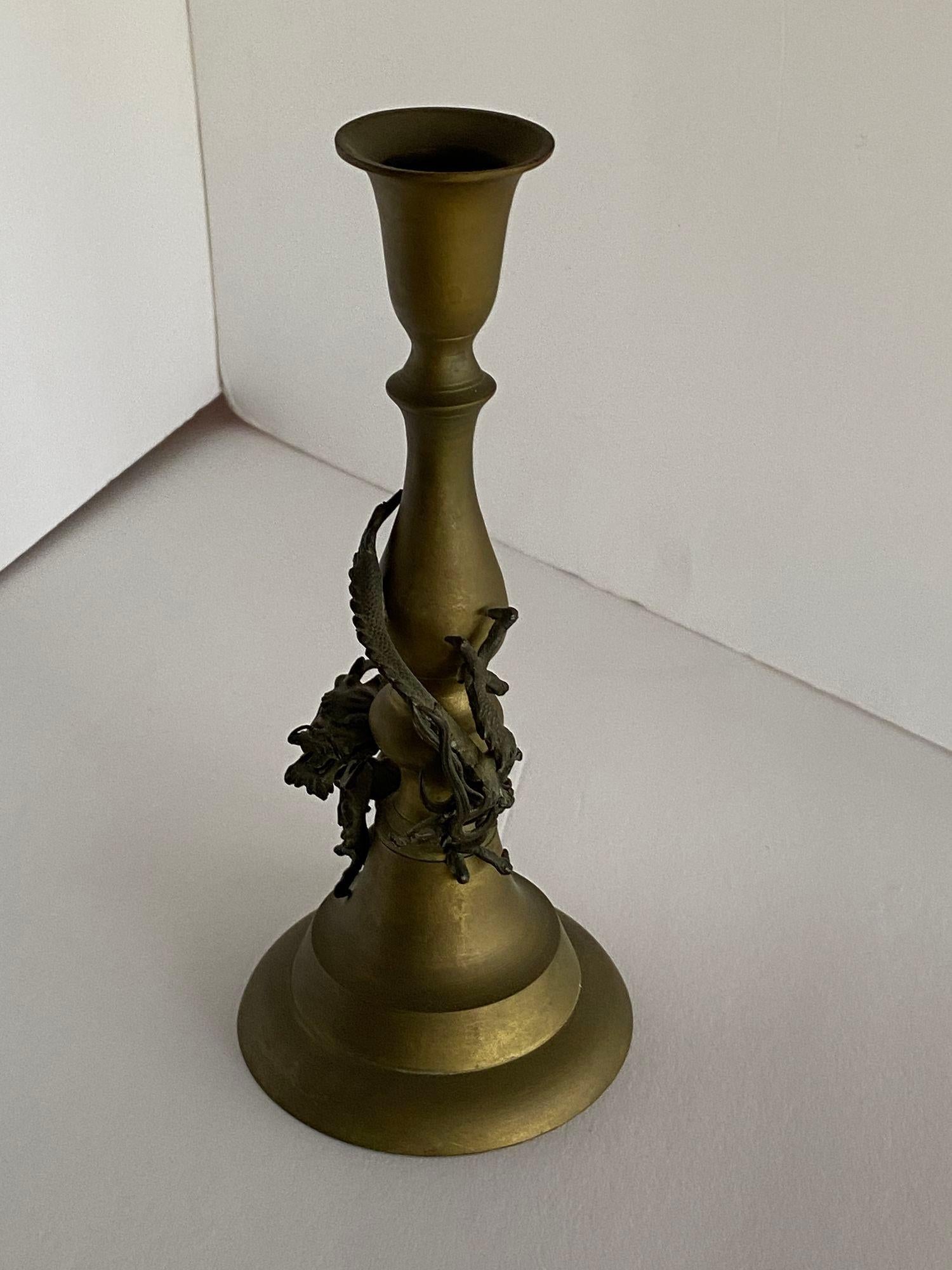 Hand Casted Brass Candlestick Holder w/ Chinese Dragon, Circa 1920 In Excellent Condition For Sale In Van Nuys, CA
