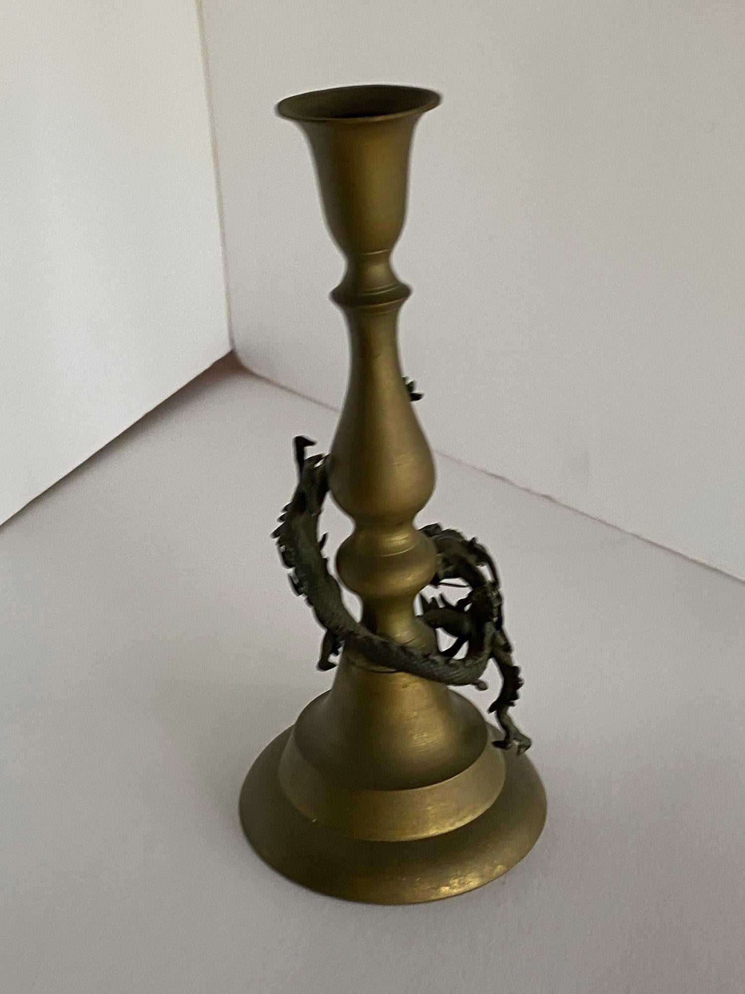 Early 20th Century Hand Casted Brass Candlestick Holder w/ Chinese Dragon, Circa 1920 For Sale