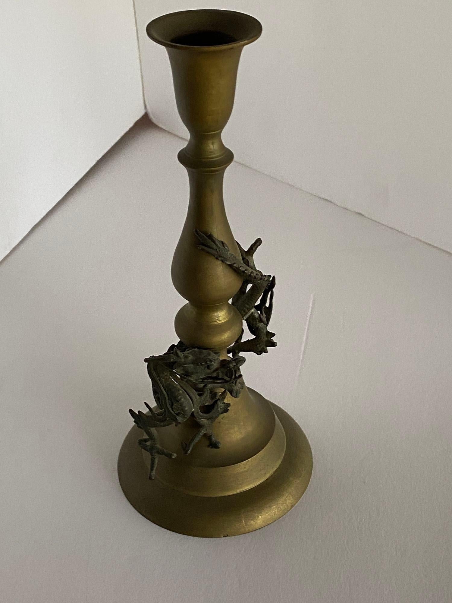 Hand Casted Brass Candlestick Holder w/ Chinese Dragon, Circa 1920 For Sale 1