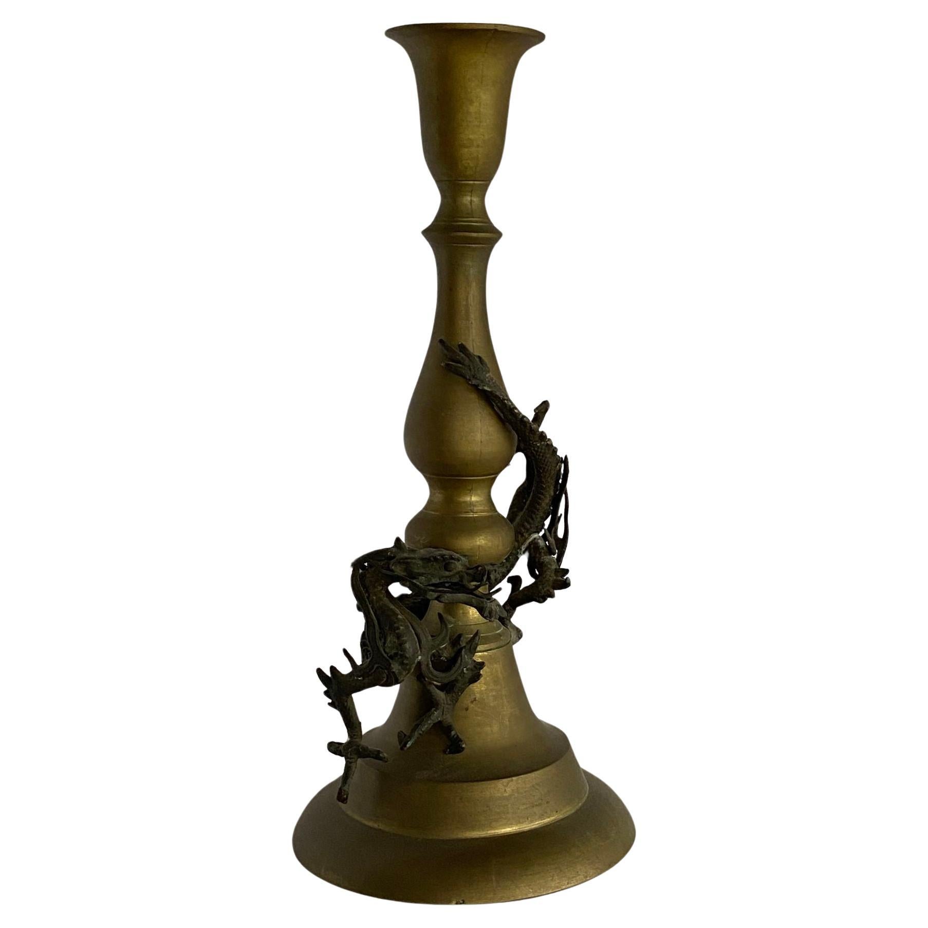 Hand Casted Brass Candlestick Holder w/ Chinese Dragon, Circa 1920 For Sale