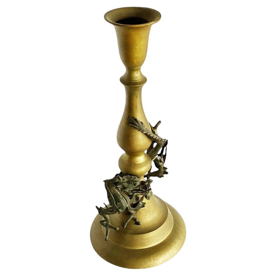 Hand Casted Brass Candlestick Holder w/ Chinese Dragon, Circa 1920
