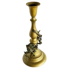 Antique Hand Casted Brass Candlestick Holder w/ Chinese Dragon, Circa 1920