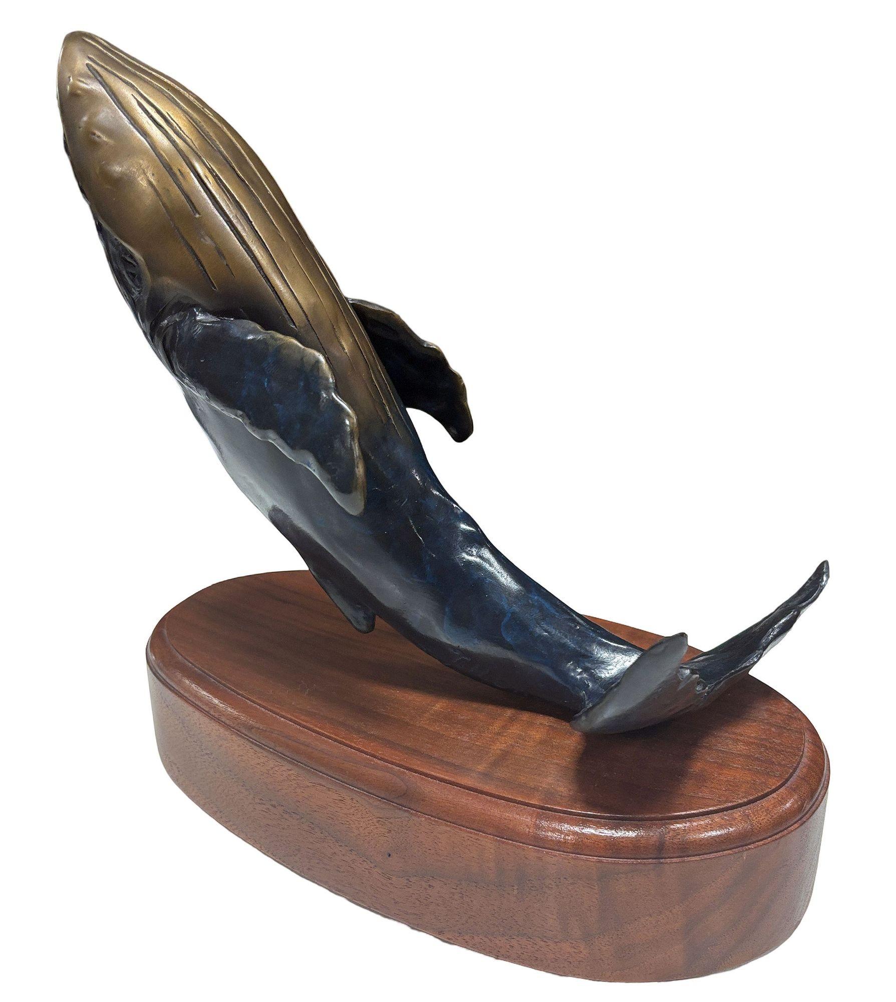 Elegante scultura di balena in bronzo montata su una base in legno di Oak lucidato. La balena si alza con grazia, il suo dorso dai toni dorati è contrastato dal blu profondo e dalle sfumature scure della patina, catturando il movimento e la forza. I