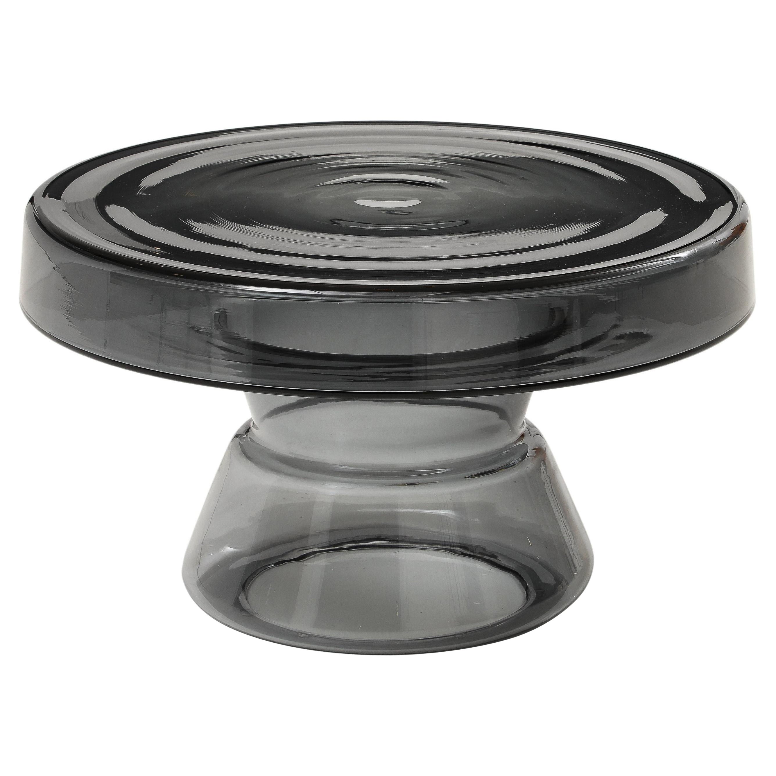 Hand-Casted Smoke Grey Round Murano Glass Side Coffee Table, Italy, 21"Dx12.5"H