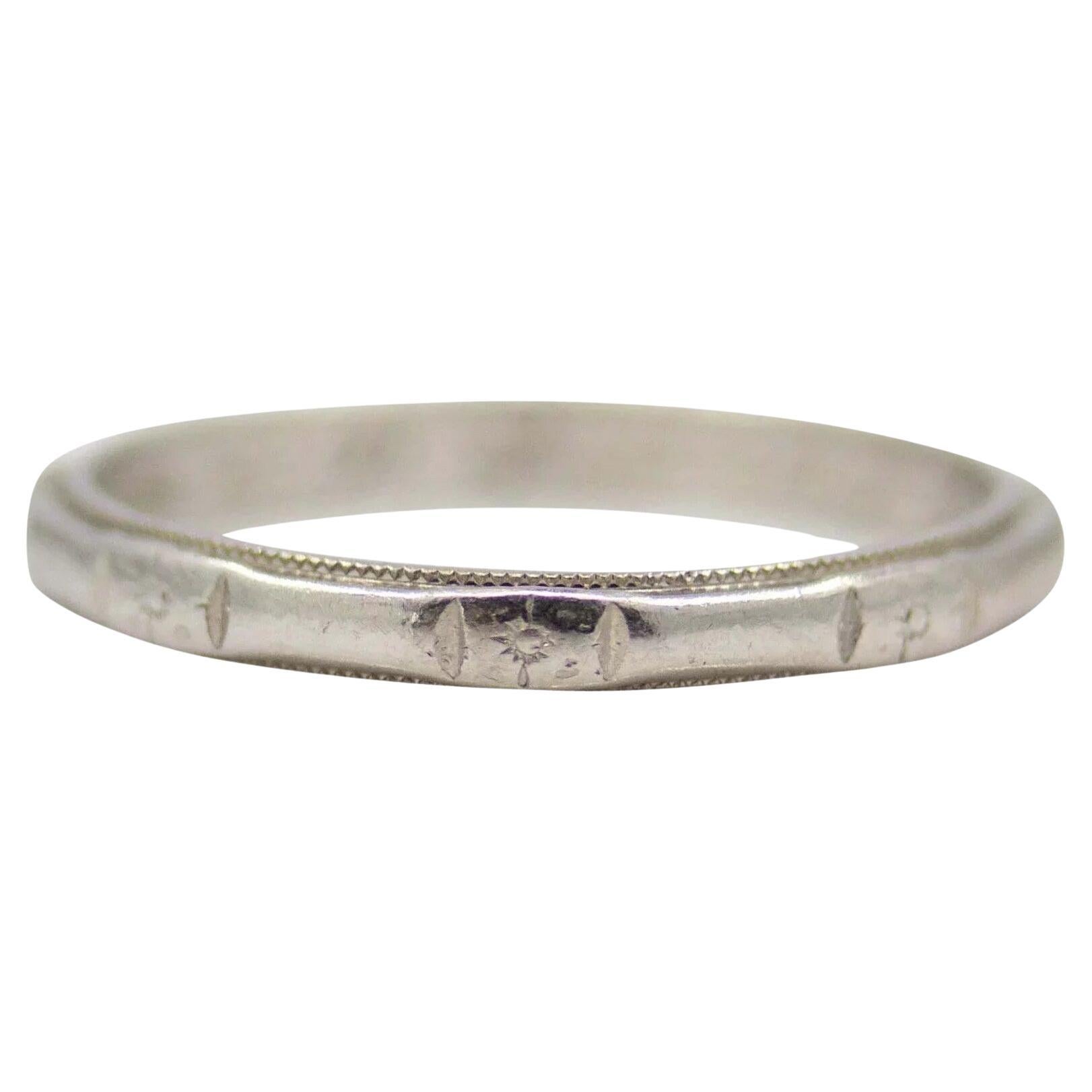Hand Chased Art Deco Platinum Wedding Band Size 6 1/2 For Sale