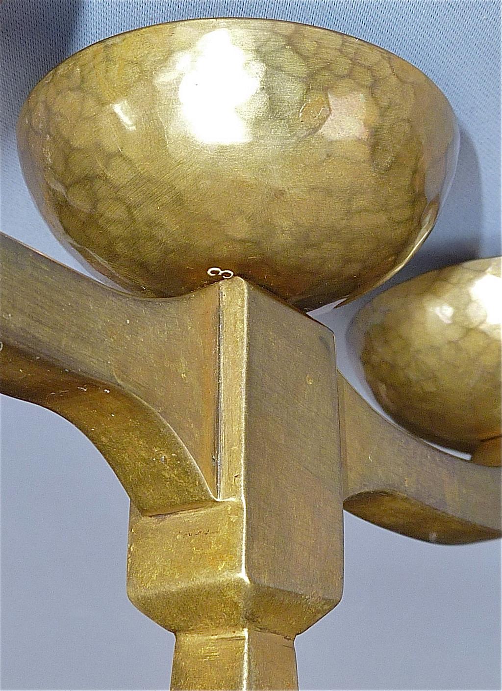 Hand-Crafted Hand-Chased Brass Bauhaus Art Deco Candle Holder Signed Bohde 1920s Candelabras For Sale