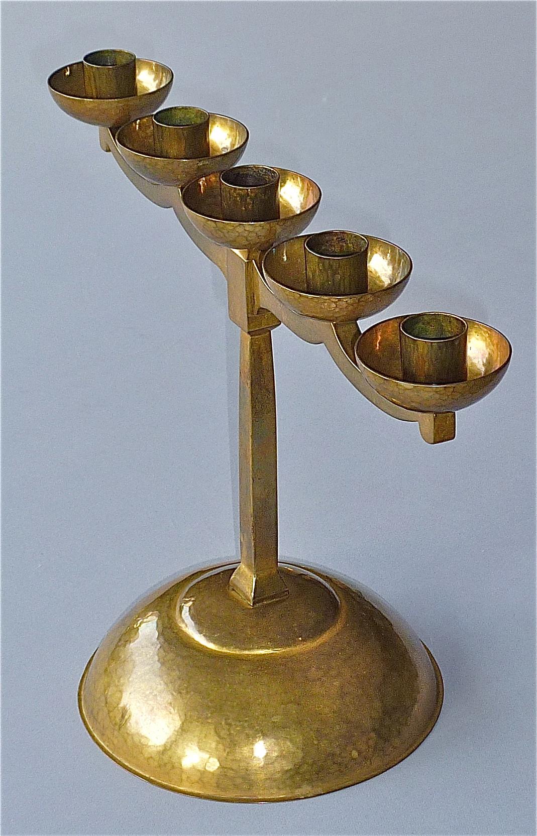 Early 20th Century Hand-Chased Brass Bauhaus Art Deco Candle Holder Signed Bohde 1920s Candelabras For Sale