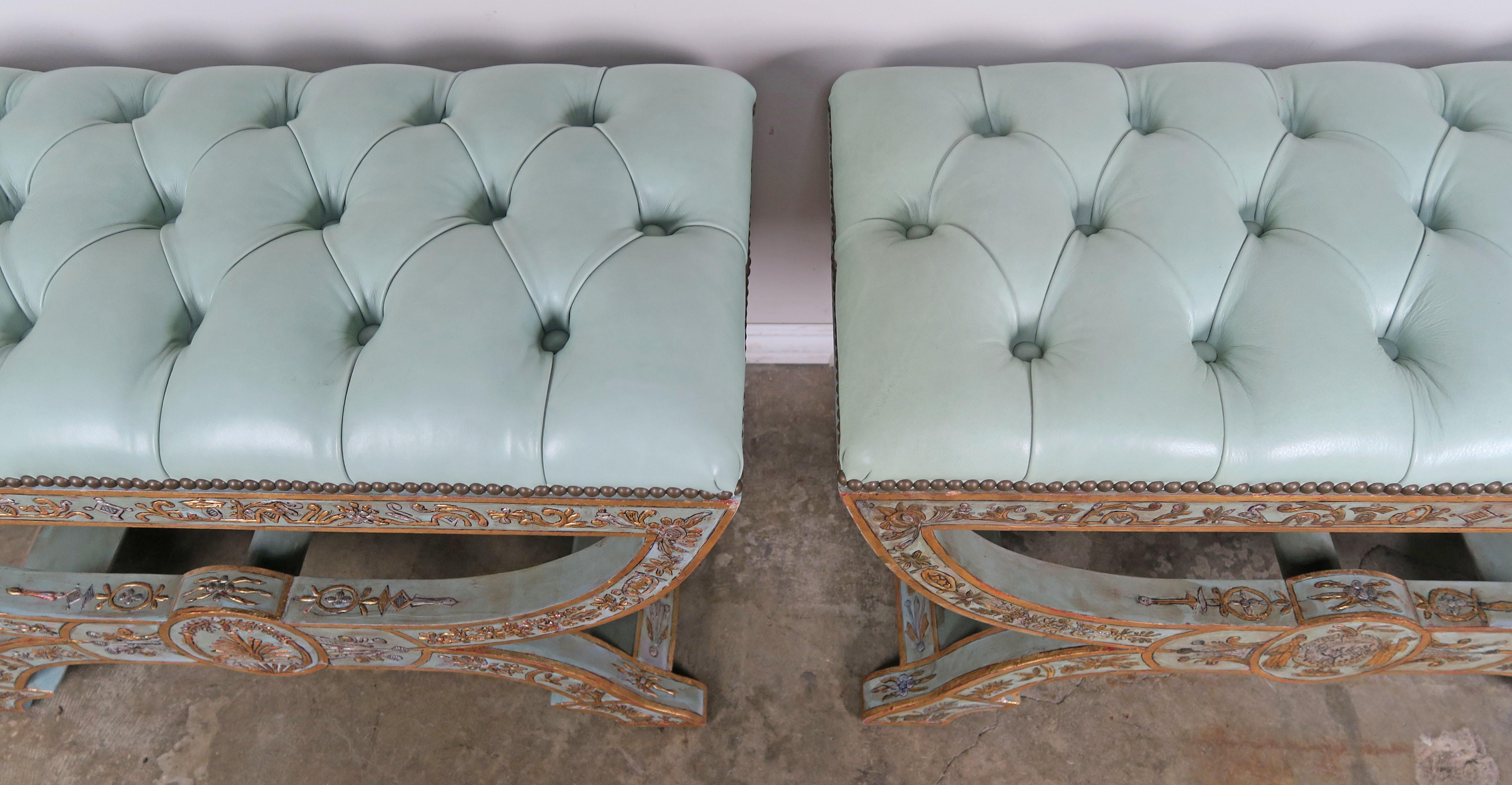 Hand Chinoiserie Painted Benches with Soft Blue Leather Upholstery, Pair 5