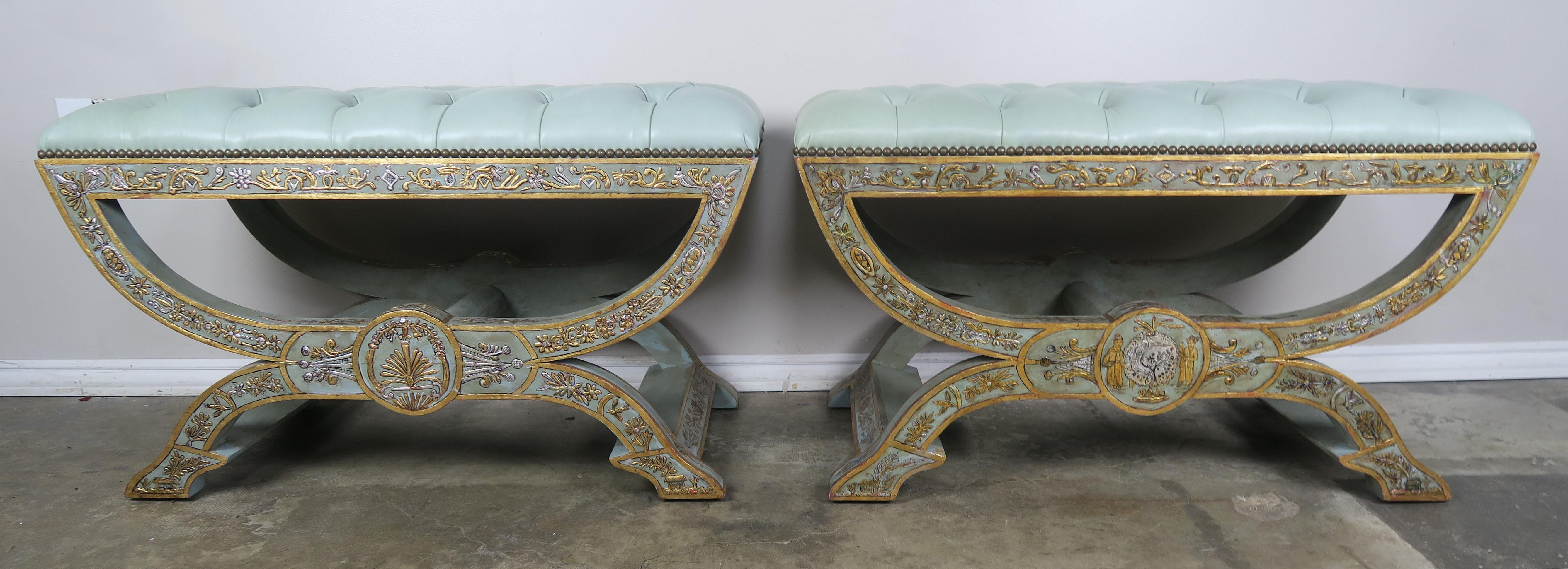 Italian Hand Chinoiserie Painted Benches with Soft Blue Leather Upholstery, Pair