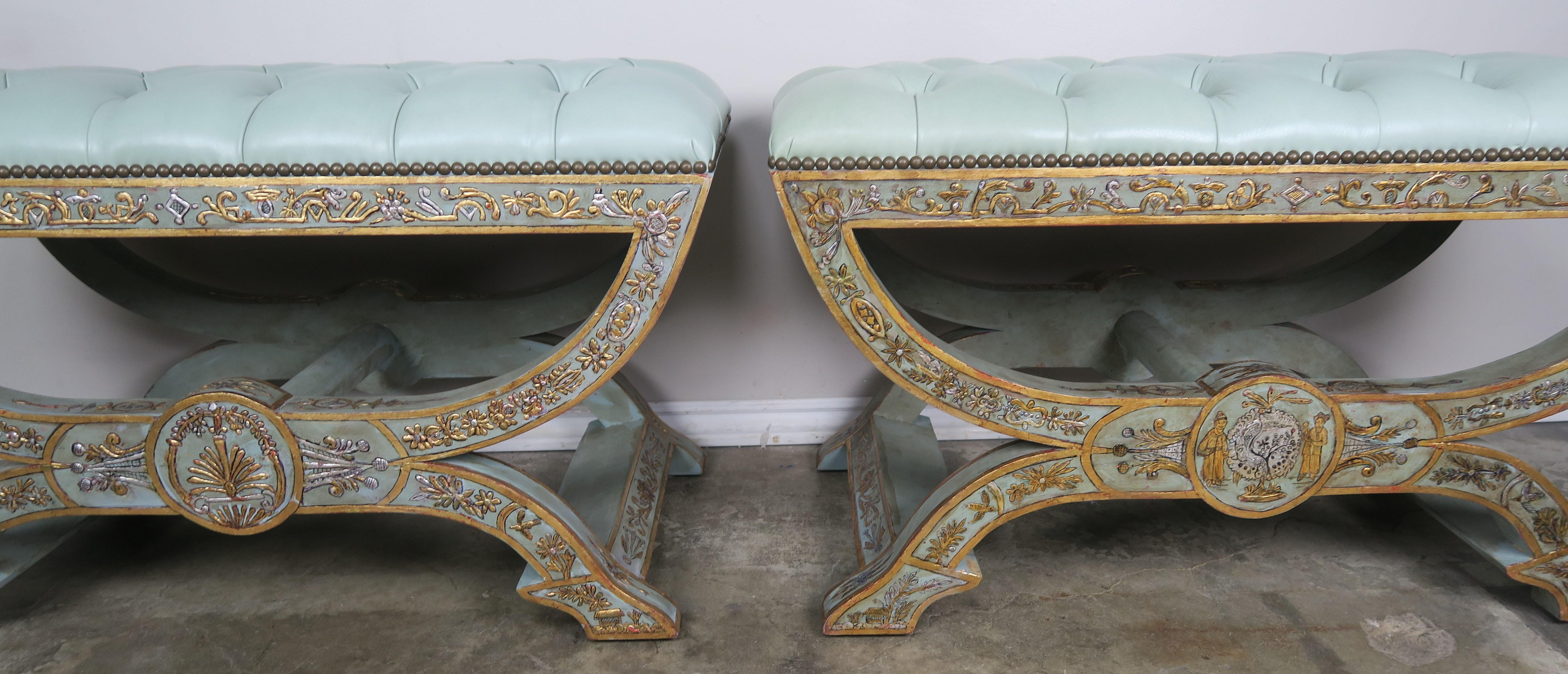 Mid-20th Century Hand Chinoiserie Painted Benches with Soft Blue Leather Upholstery, Pair
