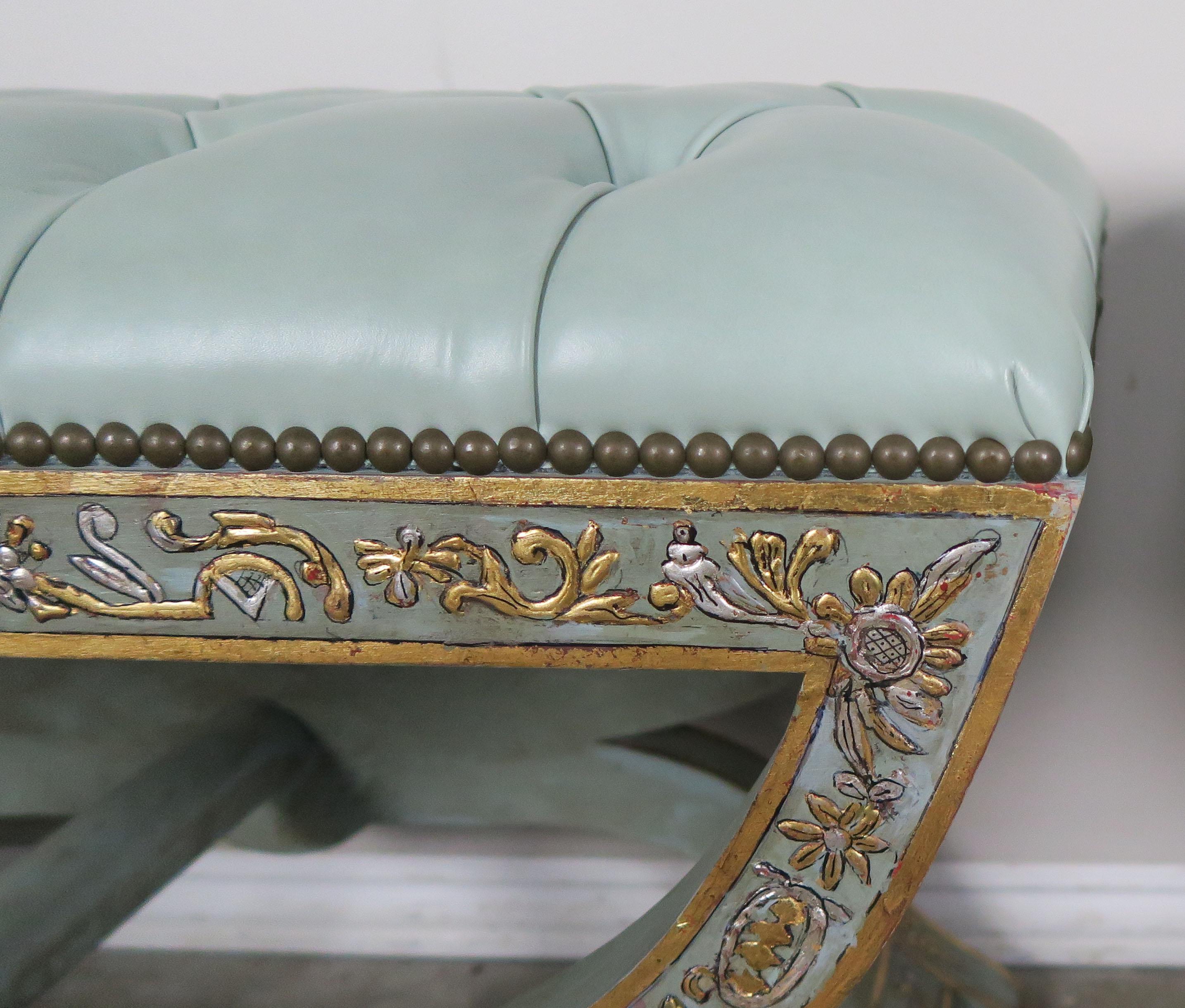 Hand Chinoiserie Painted Benches with Soft Blue Leather Upholstery, Pair 1