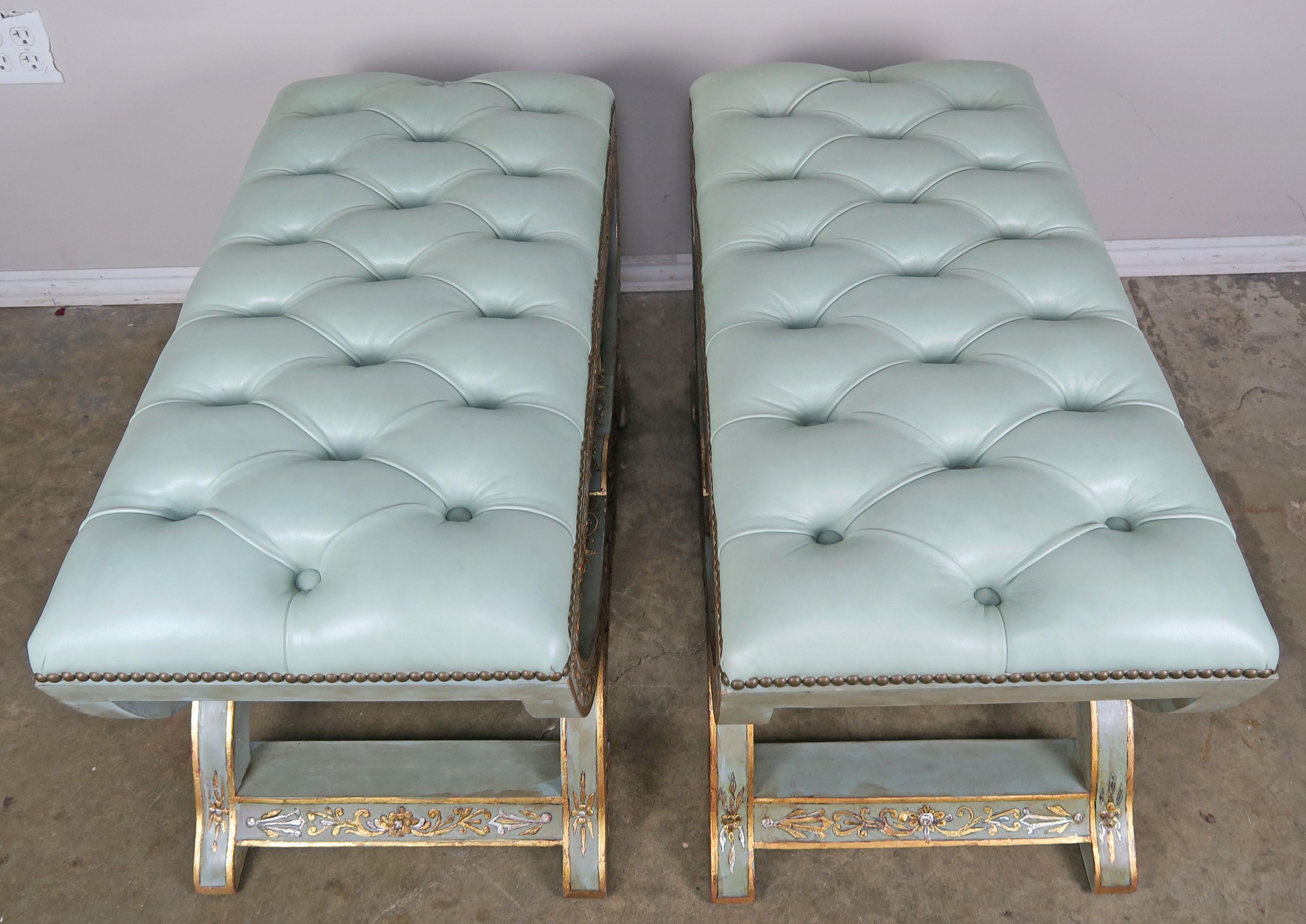 Hand Chinoiserie Painted Benches with Soft Blue Leather Upholstery, Pair 2