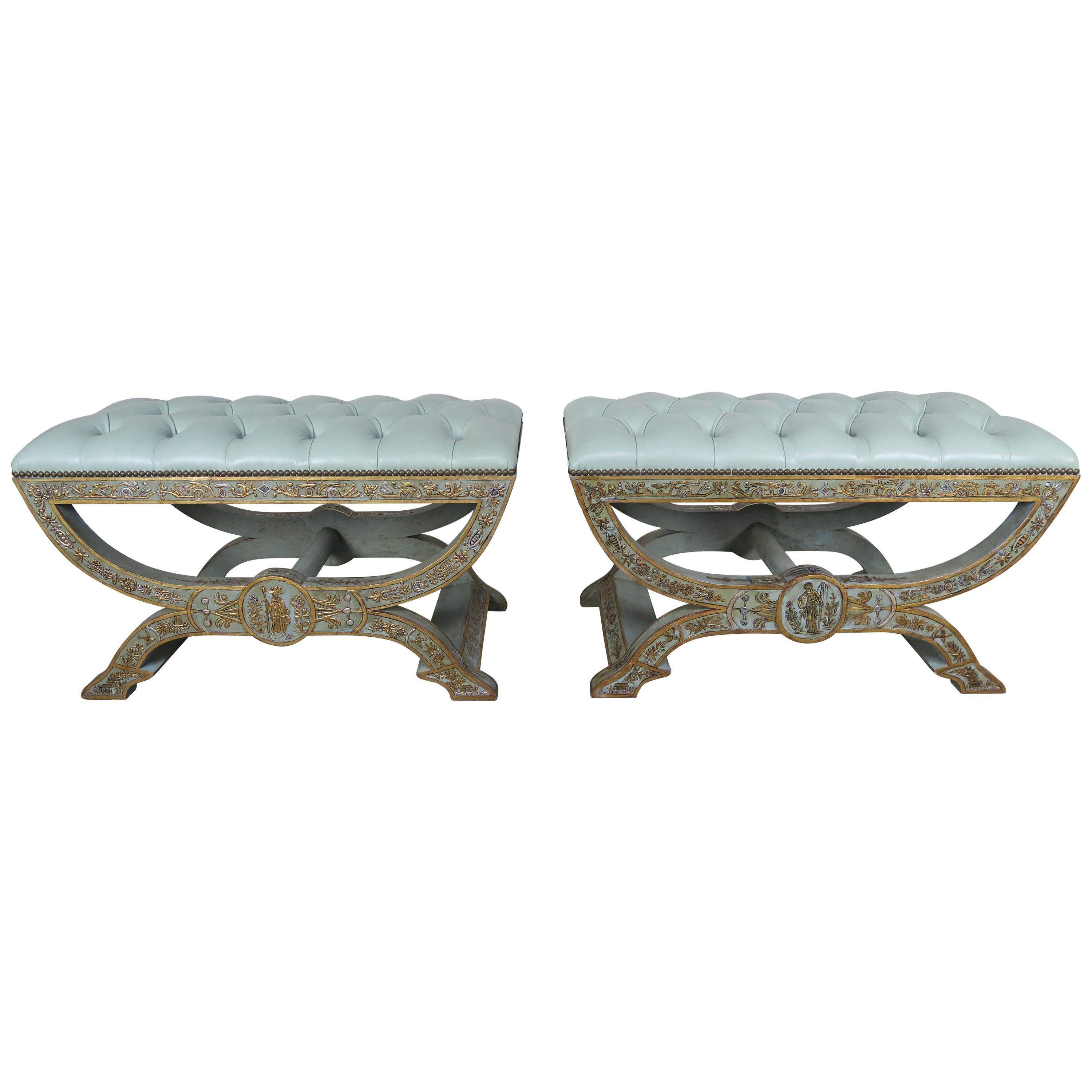 Hand Chinoiserie Painted Benches with Soft Blue Leather Upholstery, Pair