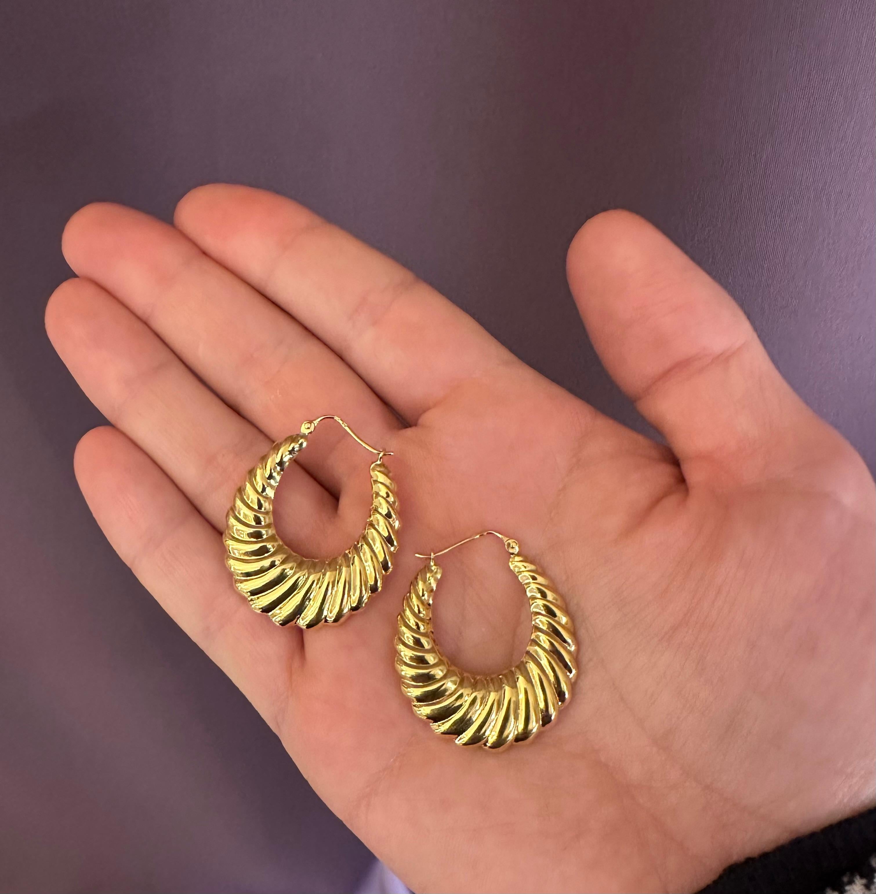 Women's or Men's Hand Chiseled Gold Hoop Earrings For Sale