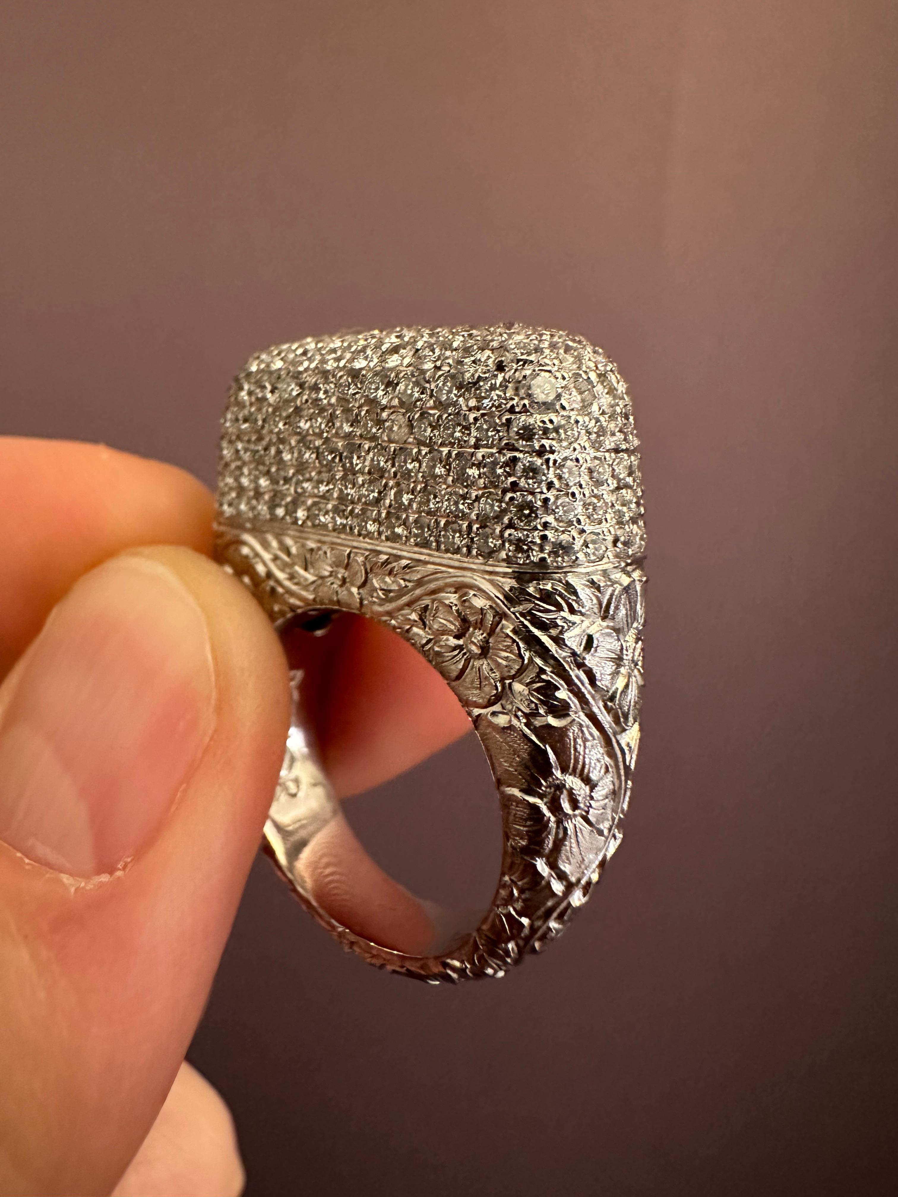 Contemporary Hand Chiseled in Platinum Cocktail Ring set with Diamonds For Sale