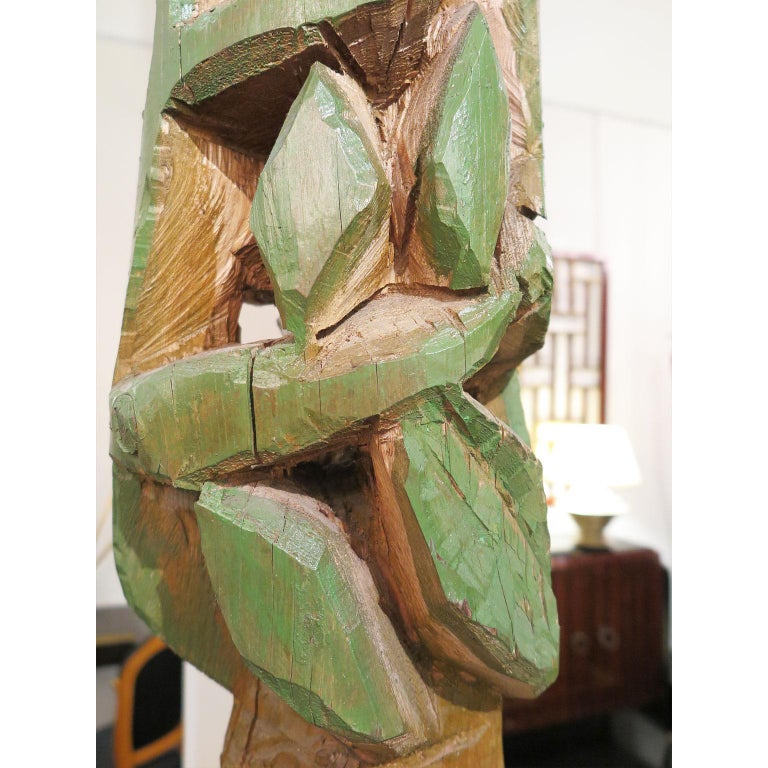 HandChiseled Wood TOTEM Sculpture with Abstract Floral Design, circa