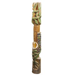Hand-Chiseled Wood TOTEM Sculpture with Abstract Floral Design, circa 1980s