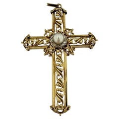 Antique Hand-Chiselled Italian Cross 18 Karat Gold and White Pearl