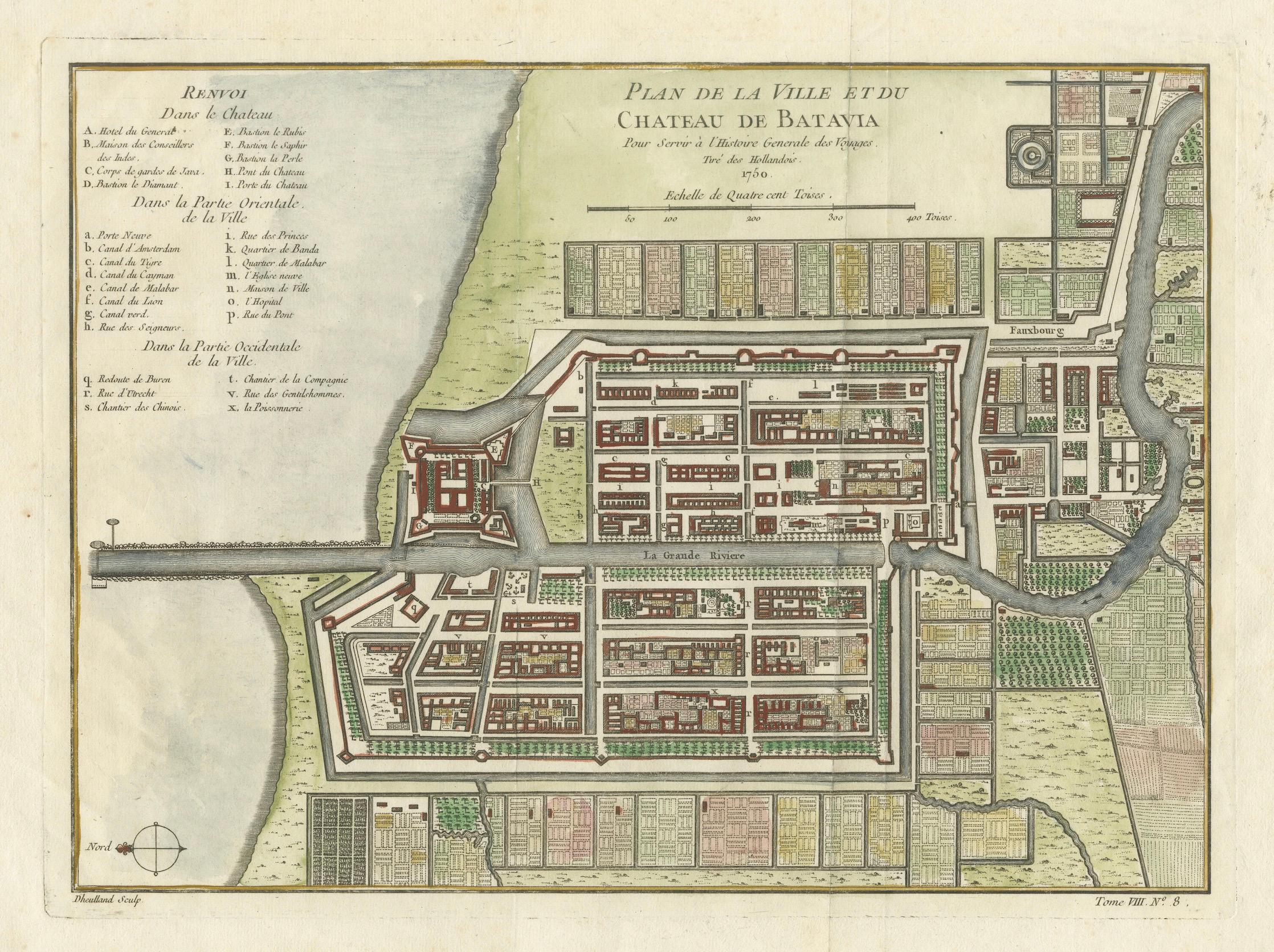 Hand-Colored 1750 Plan of Batavia, Colonial Jakarta, Indonesia by Jacques Bellin For Sale 5