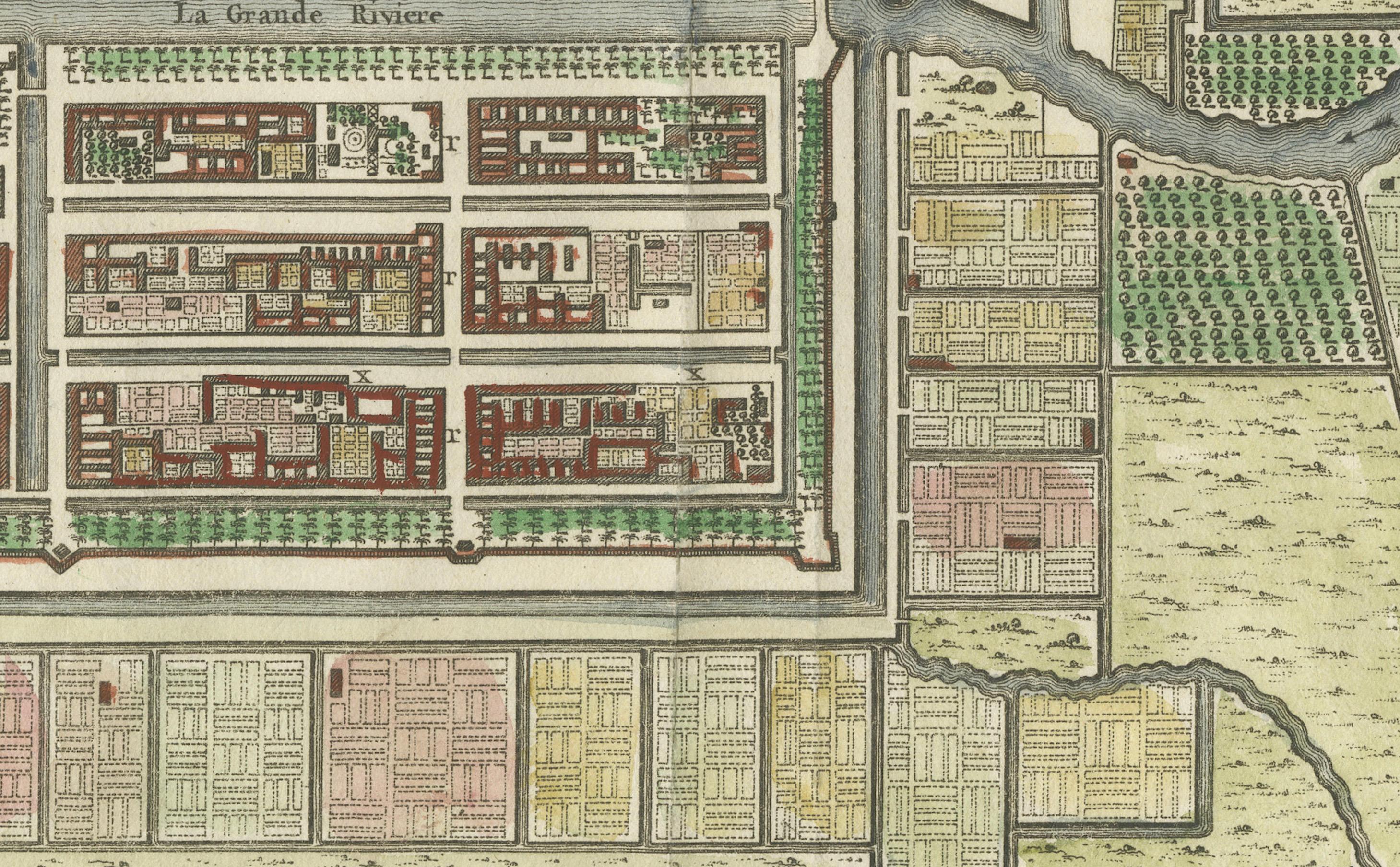 Hand-Colored 1750 Plan of Batavia, Colonial Jakarta by Jacques Bellin

This finely detailed mid-18th century plan presents the fortified city of Batavia, now Jakarta, the capital of the Dutch East Indies. Originally published in 1750 as part of