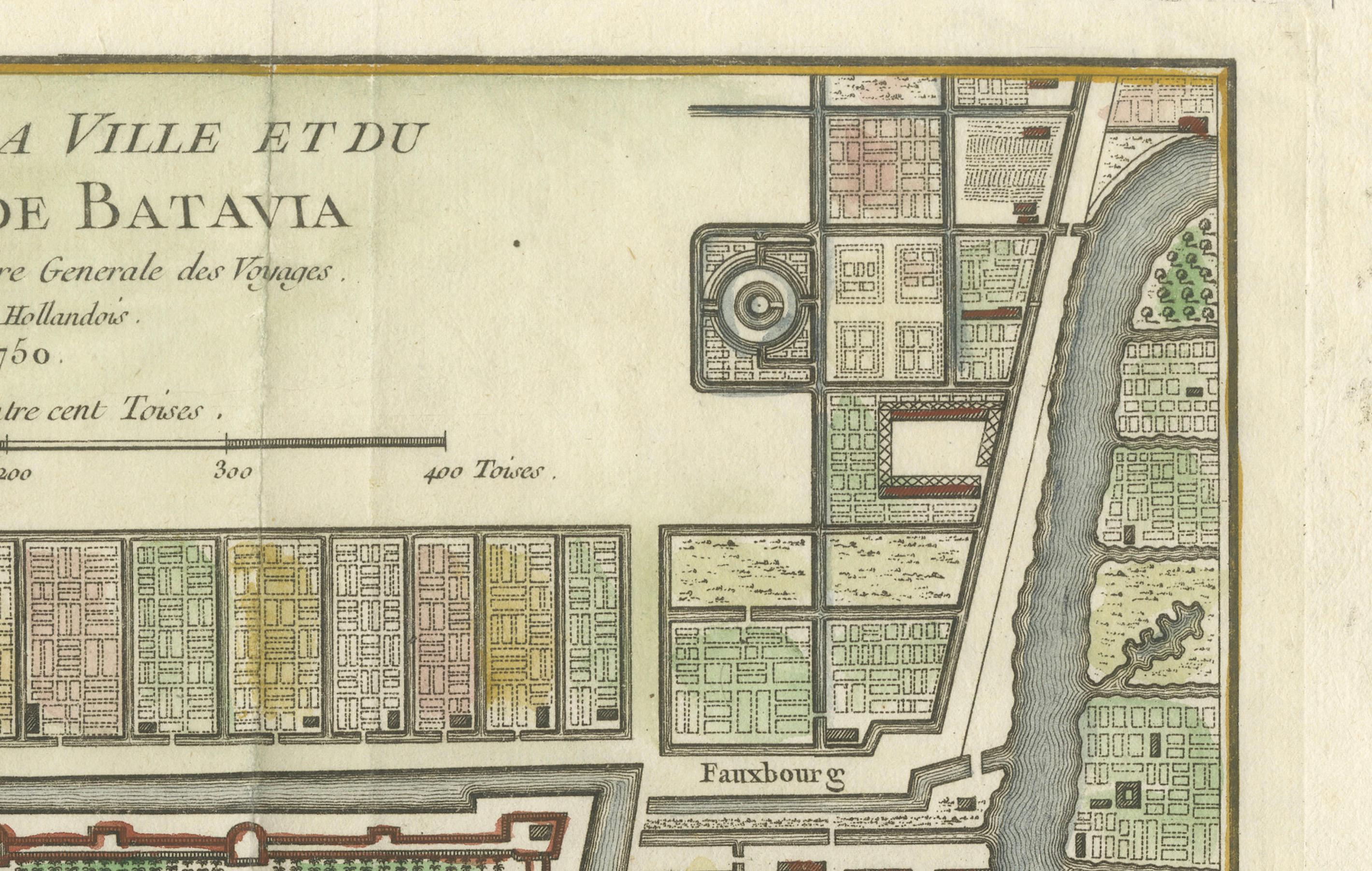 Hand-Colored 1750 Plan of Batavia, Colonial Jakarta, Indonesia by Jacques Bellin In Good Condition For Sale In Langweer, NL